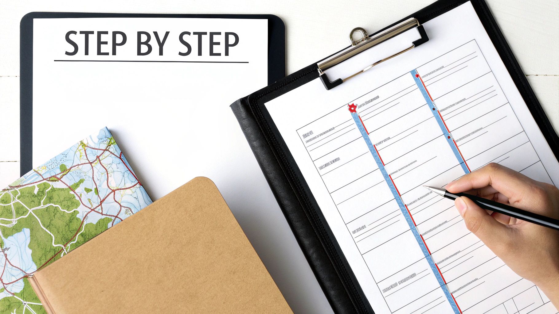 Hand writing on a schedule document, next to a 'STEP BY STEP' clipboard, map, and notebook.