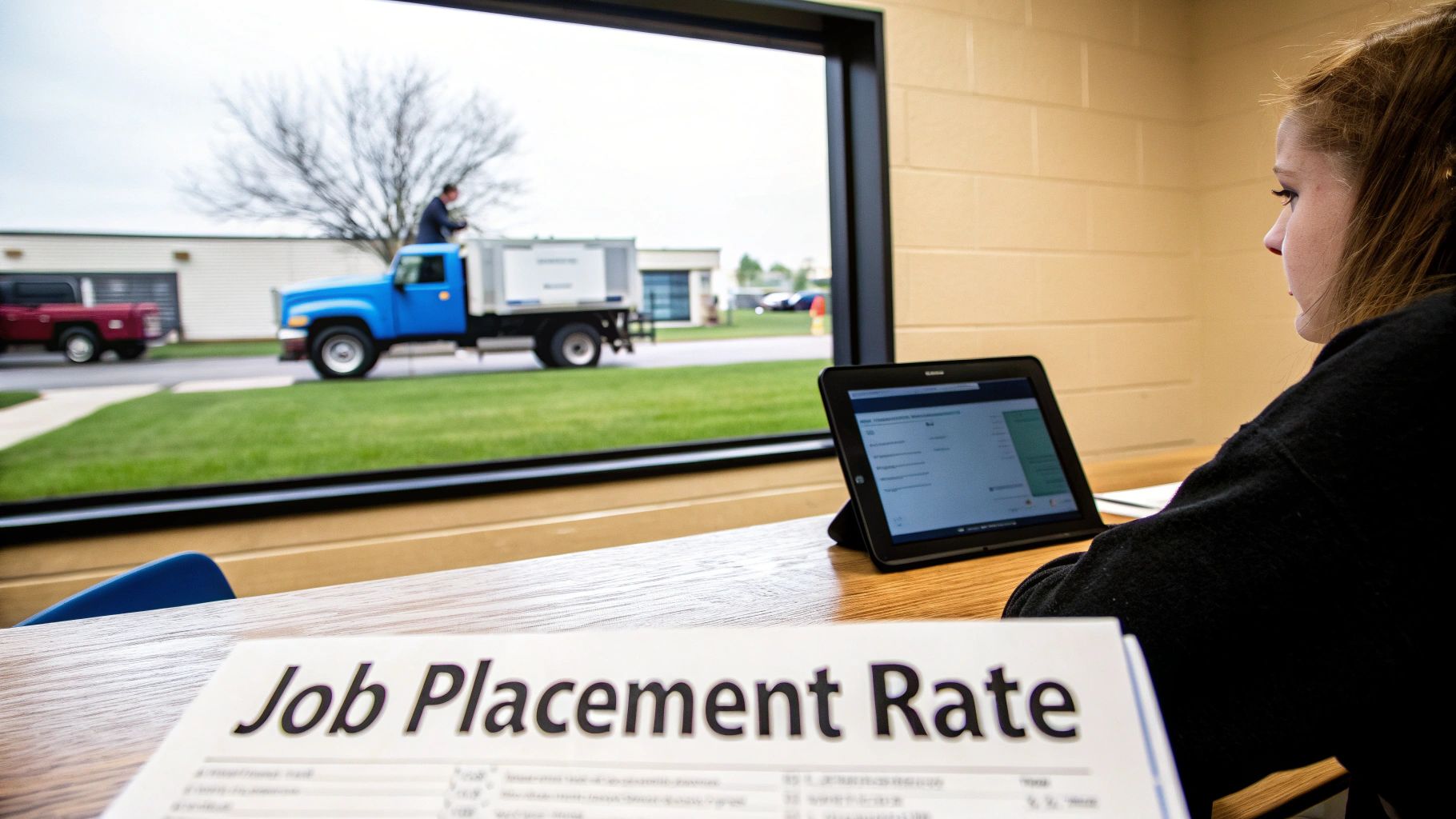 Student views tablet and 'Job Placement Rate' document, with trucks visible outside a window.