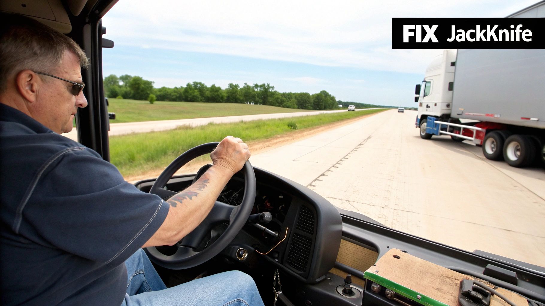 A person looking in the side mirror of a truck, showing a trailer behind it.