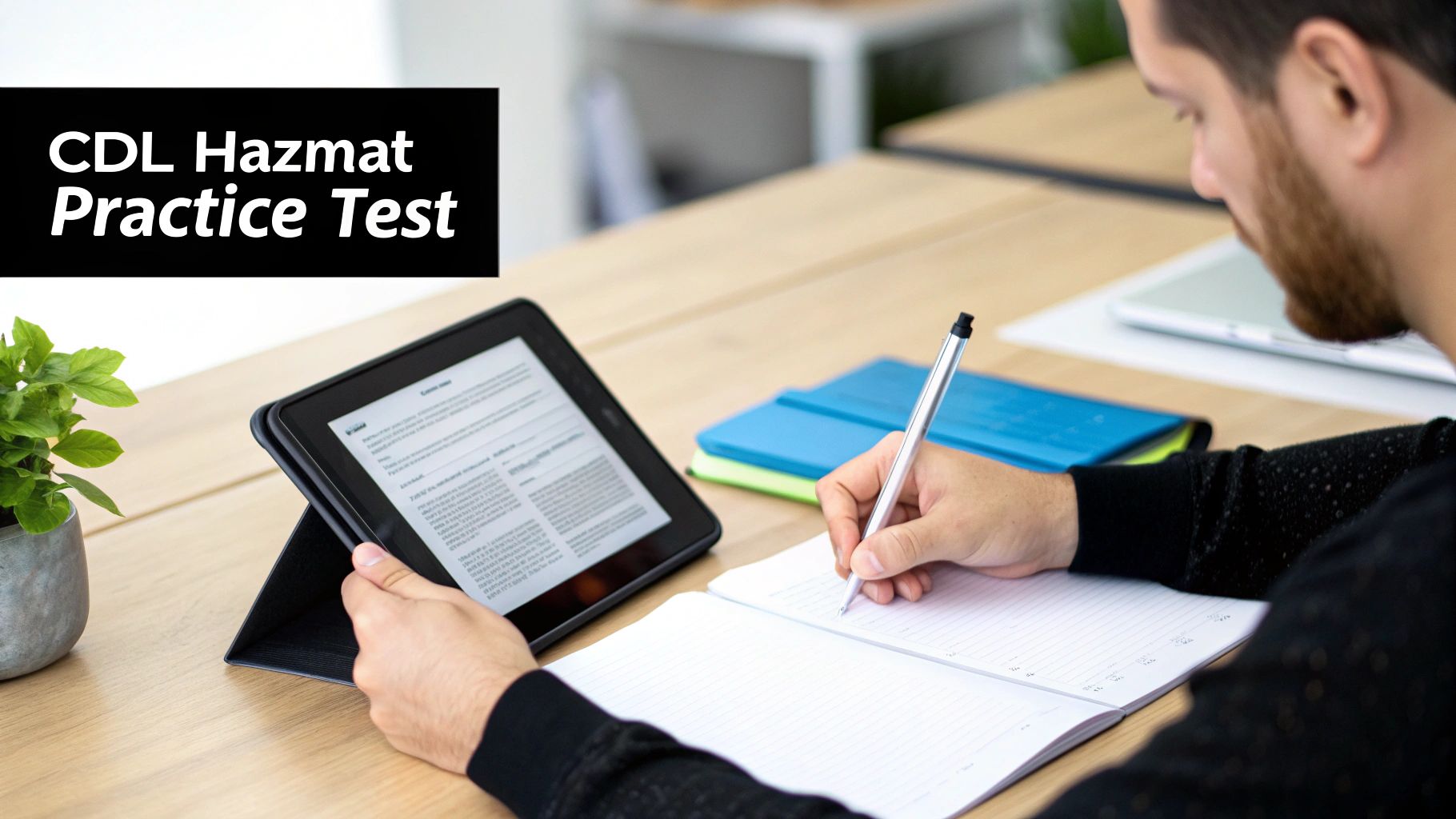A person studies for a CDL Hazmat practice test, taking notes from a tablet.