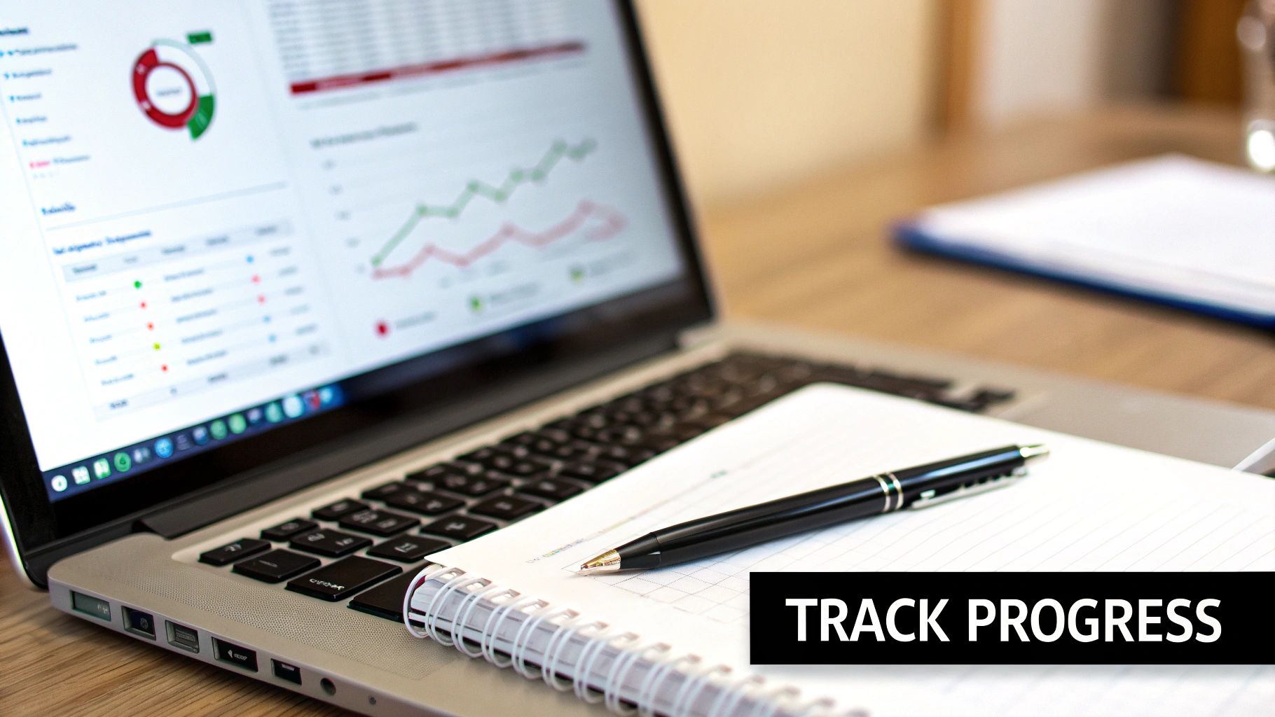 A laptop displaying financial charts and data, a notebook, and a pen on a wooden desk with 'TRACK PROGRESS' text.