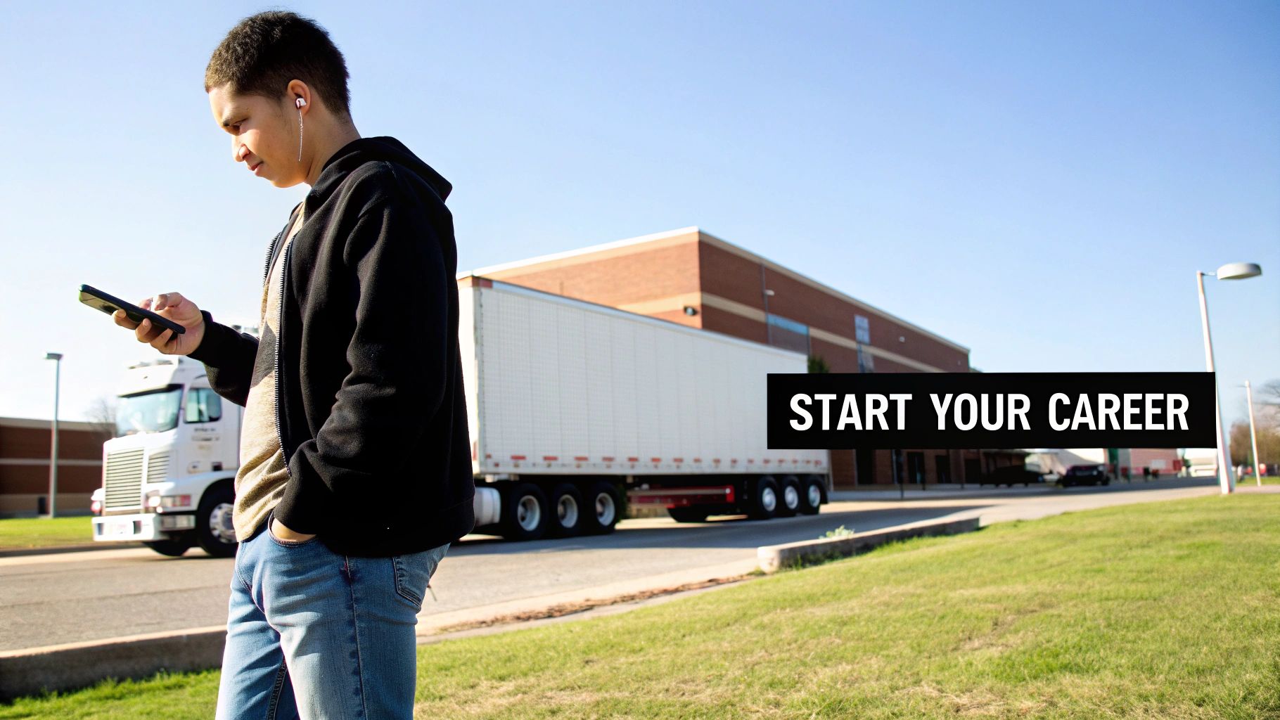 A young man with a phone stands near a semi-truck and a building with a 'Start Your Career' sign.