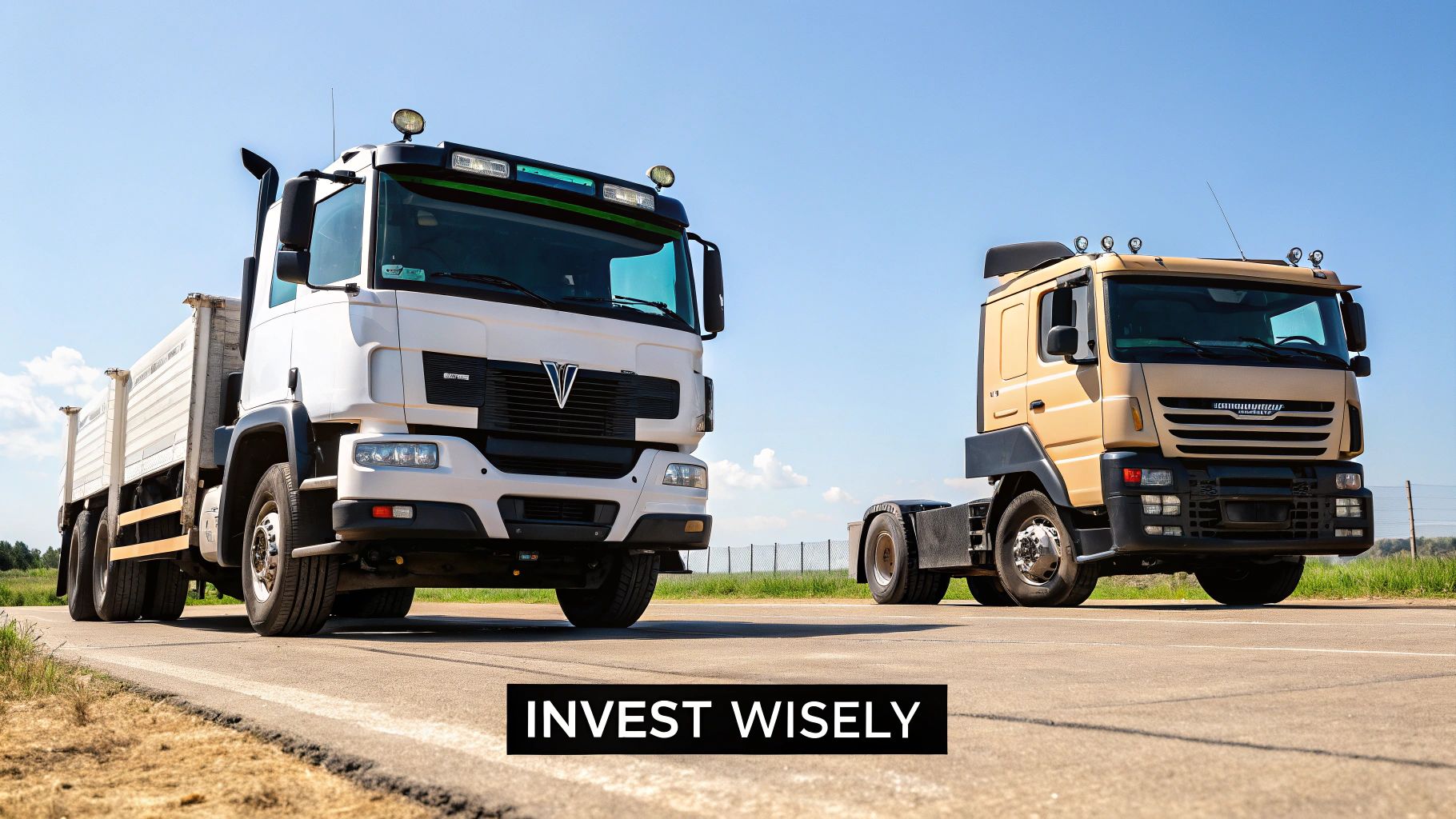 A truck driver smiling while looking out of the window of their truck cab on a sunny day.