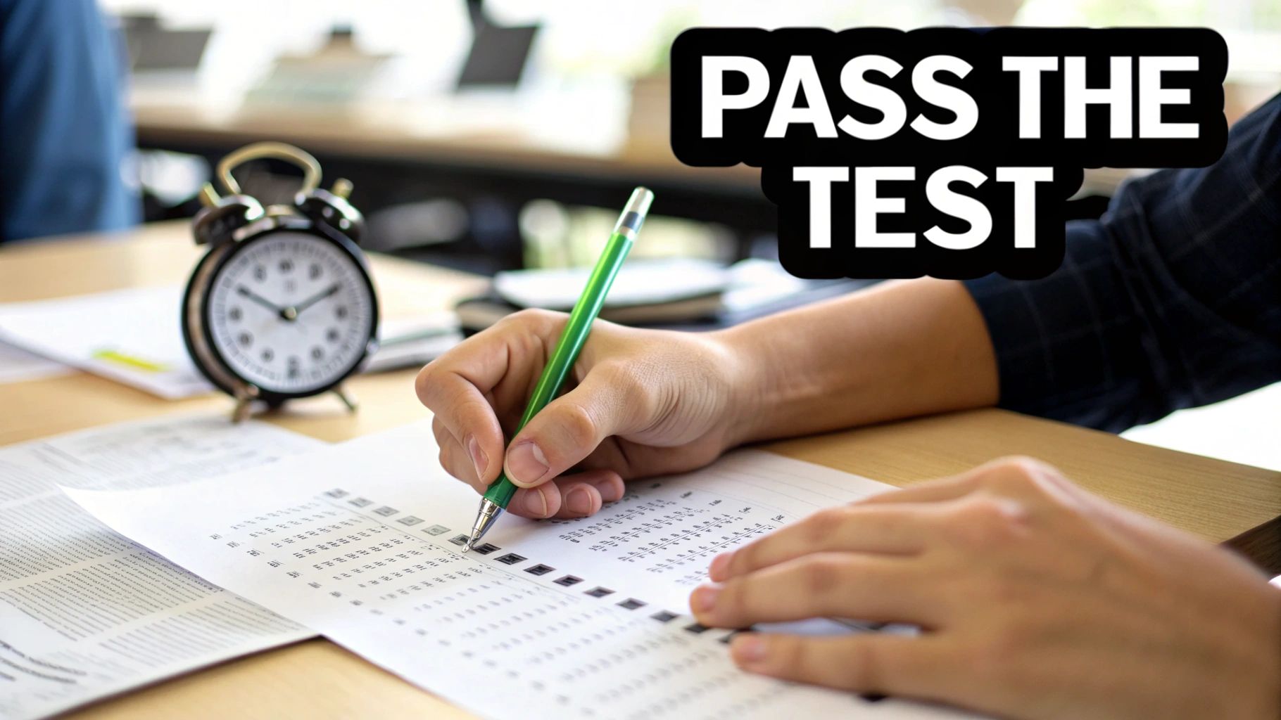 A person taking a test, marking answers on a paper with a green pen, with an alarm clock nearby.