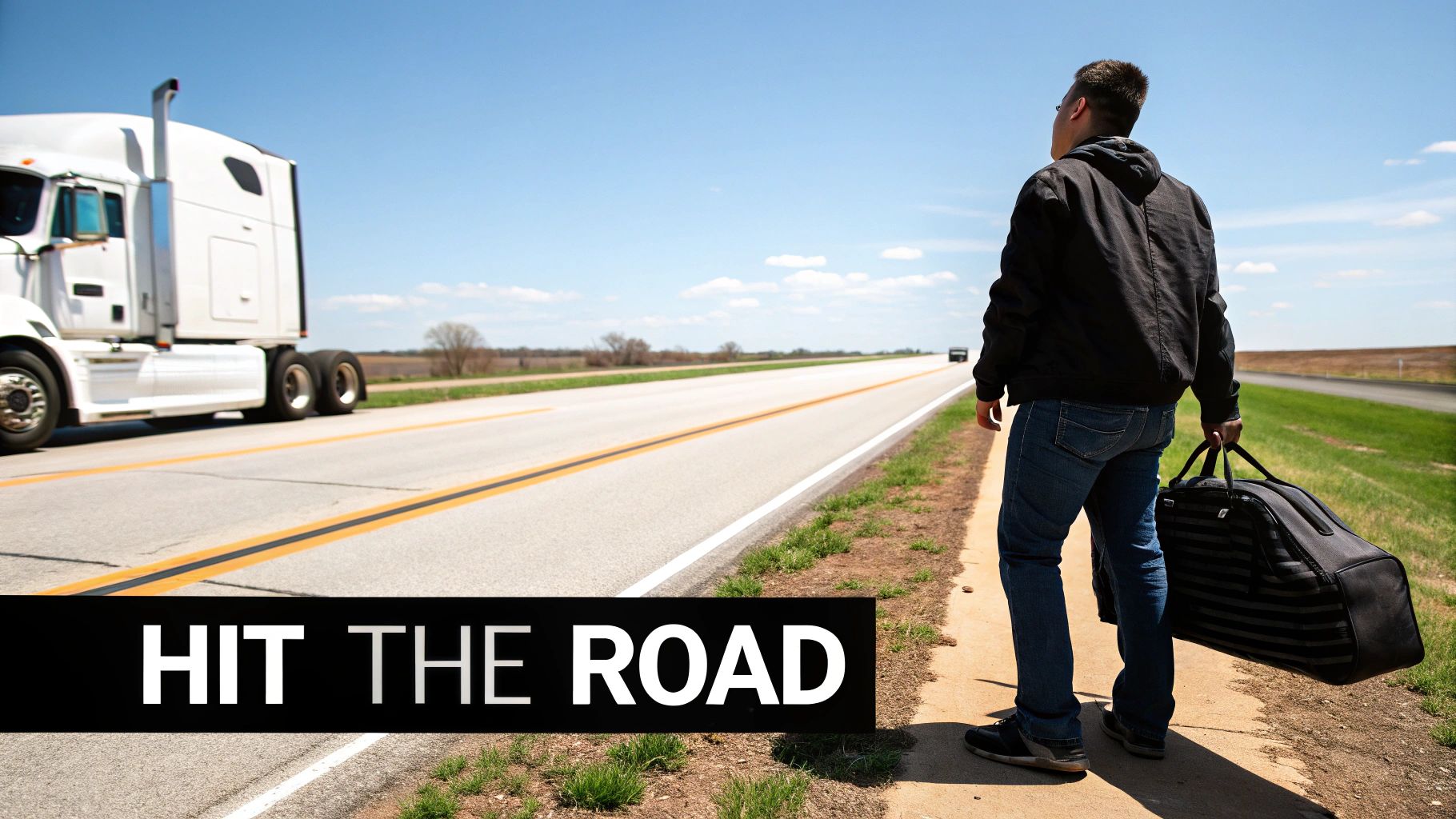 A man with a duffel bag stands on a highway shoulder watching a white semi-truck drive away.