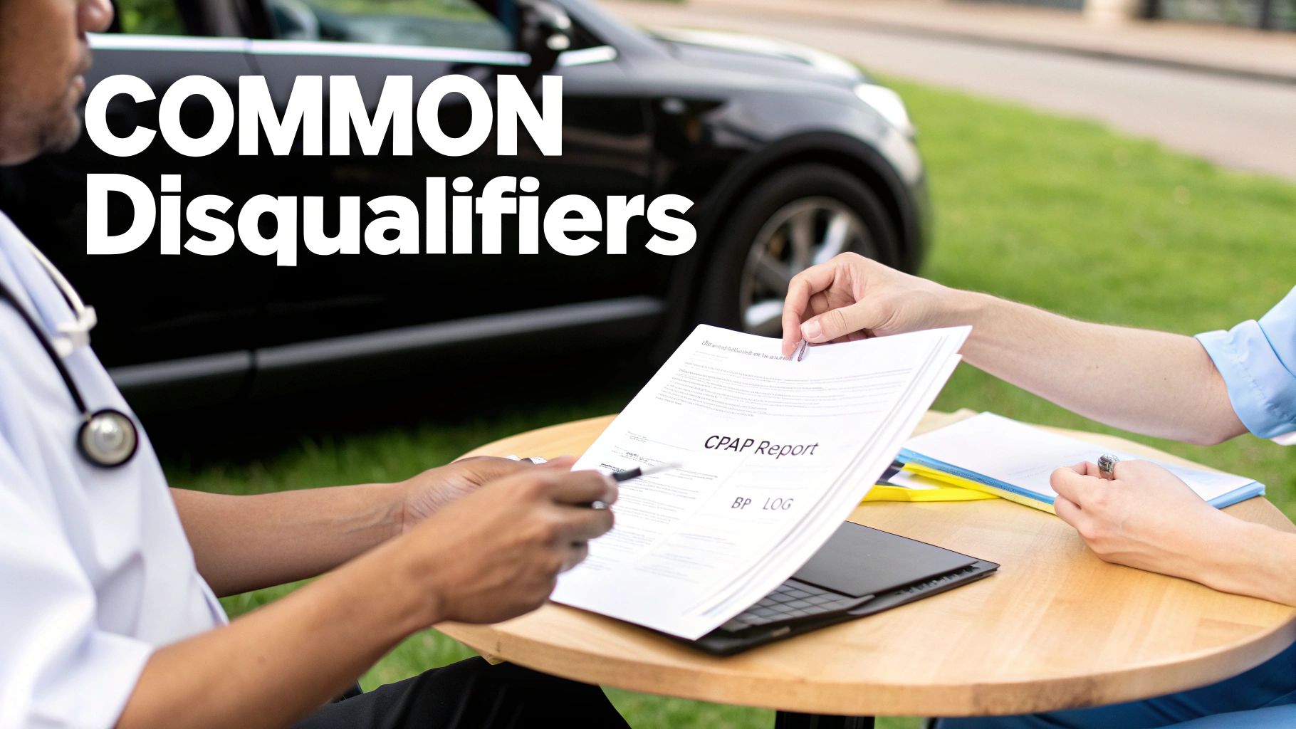 Two people discuss medical documents like a CPAP report and BP log, with 'COMMON Disqualifiers' text overlay.