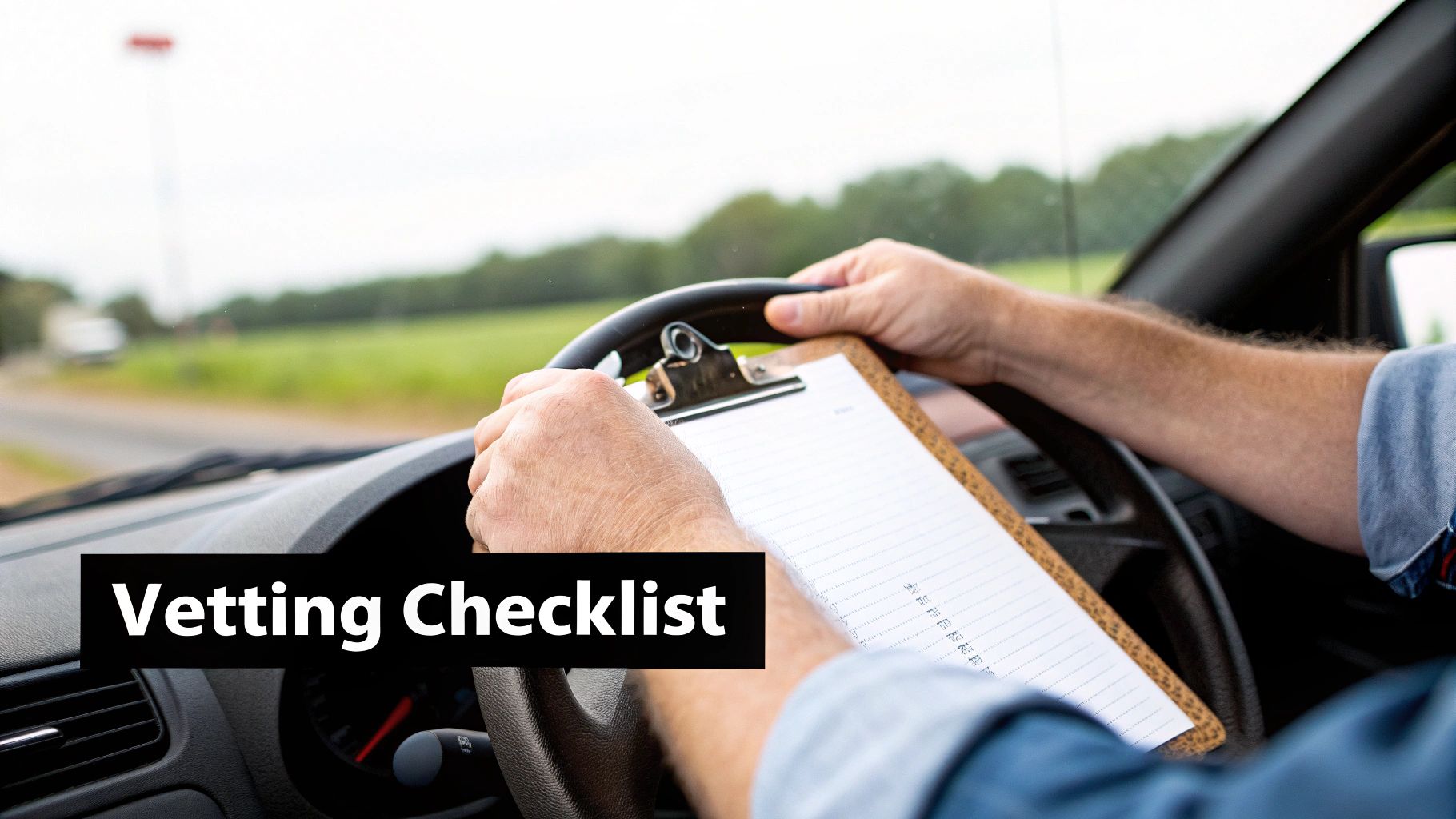 A person's hands on a steering wheel, holding a clipboard with a vetting checklist while driving.