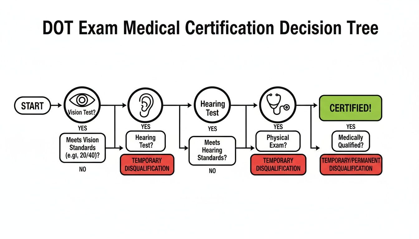A detailed flowchart illustrates the DOT medical certification decision tree, guiding through vision, hearing, and physical exam requirements.