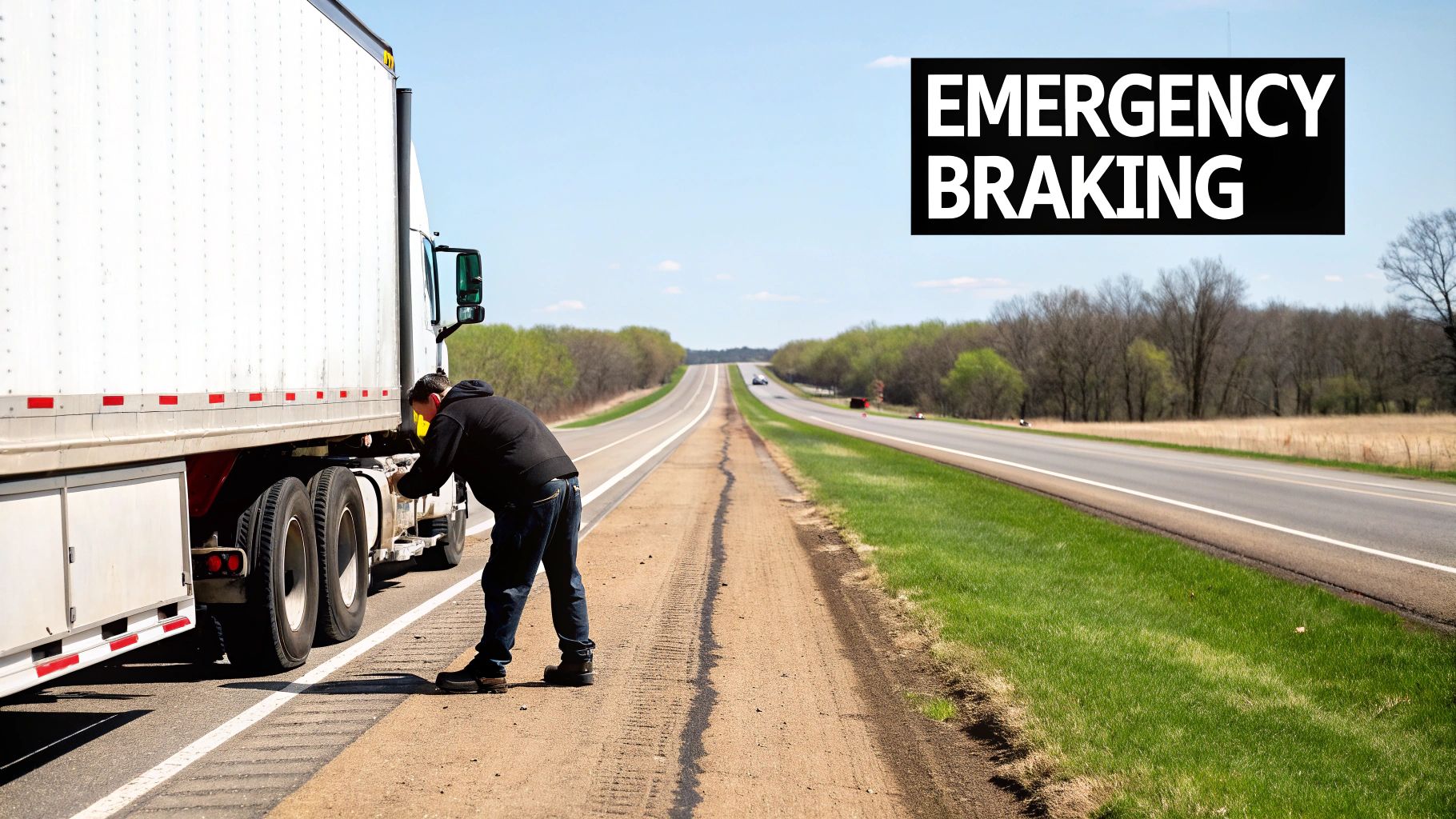 A man inspects the wheels of a stopped semi-truck on a highway shoulder, with "EMERGENCY BRAKING" text.