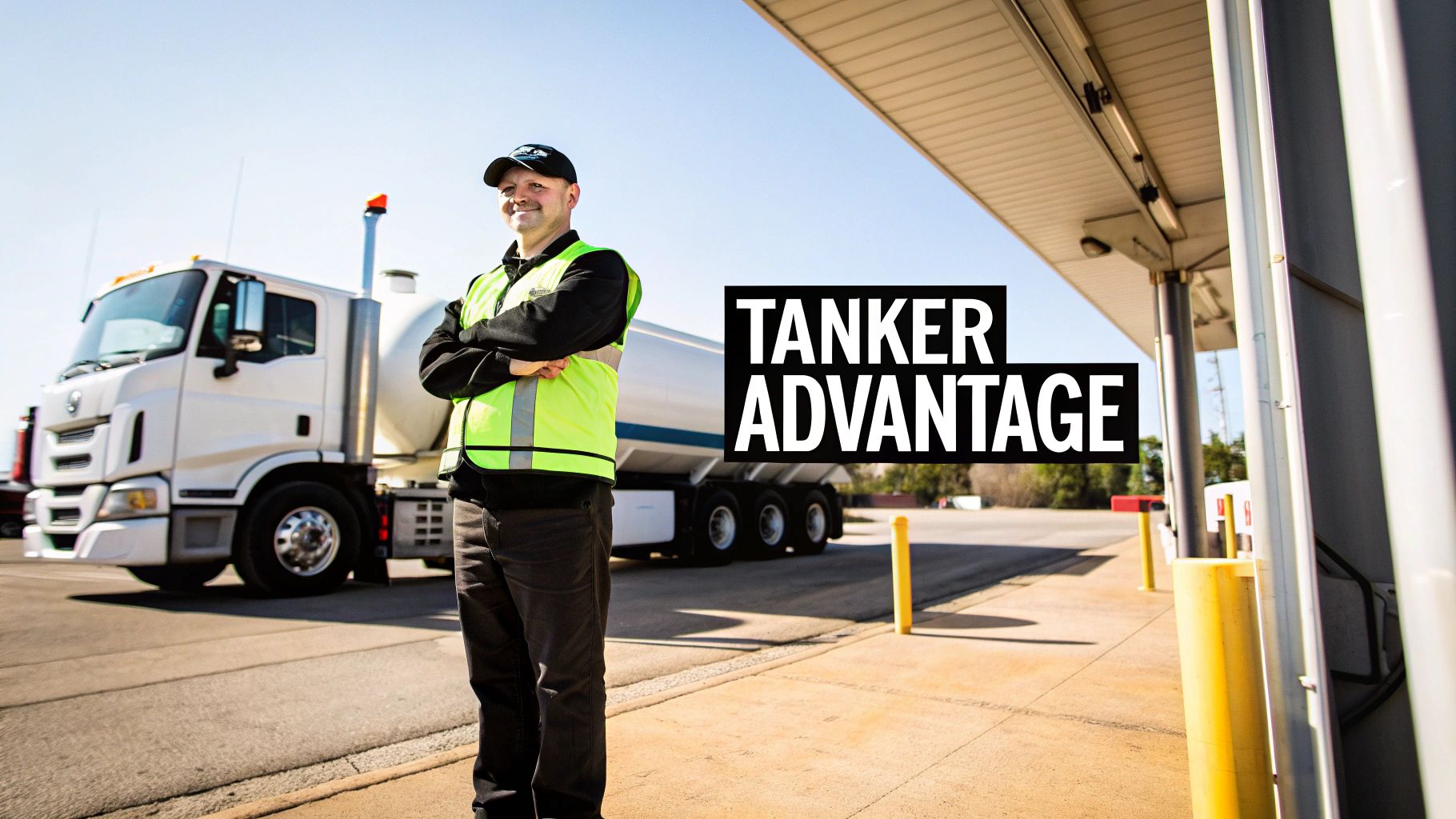 Smiling man in a high-visibility vest and cap stands proudly in front of a white tanker truck.