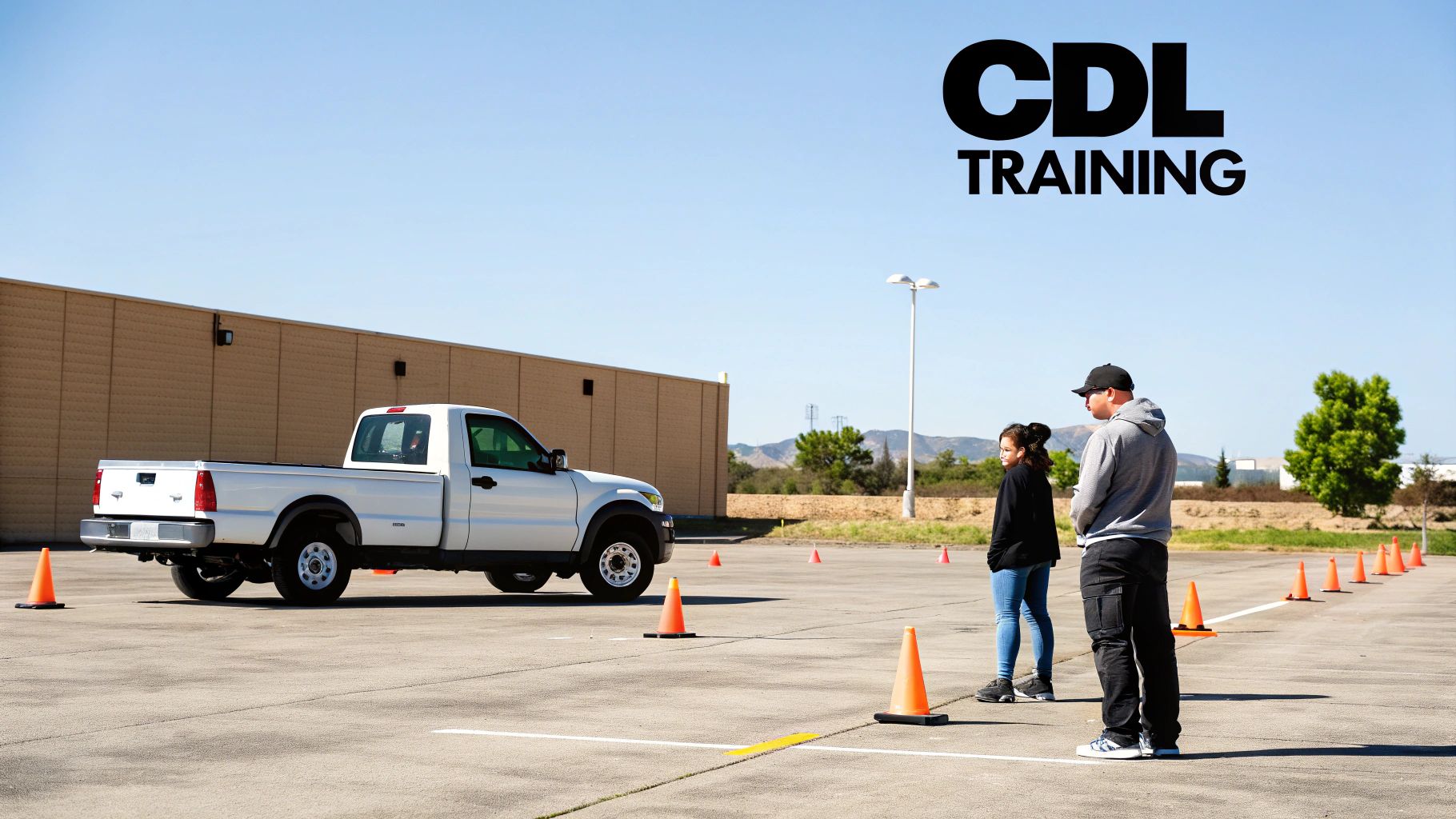 Two people observe a white pickup truck with orange cones during a CDL training session.