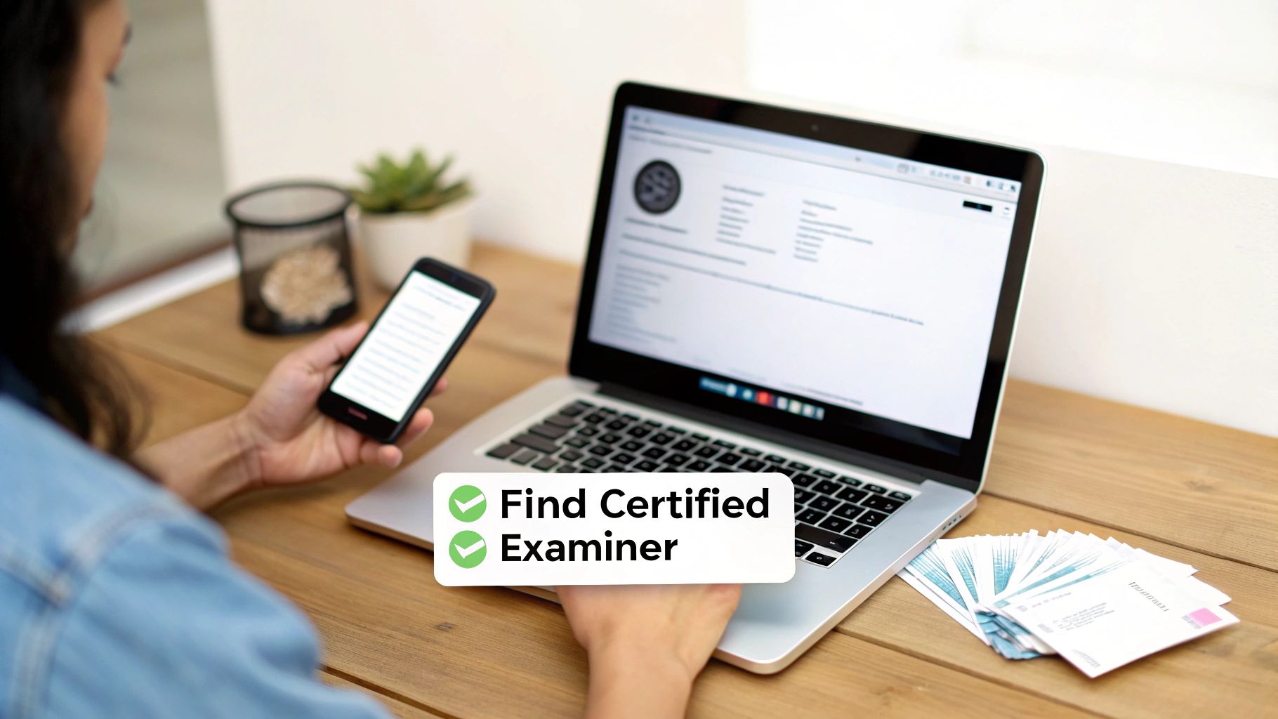 Person searching for a certified examiner on a smartphone and laptop, with paperwork on a desk.