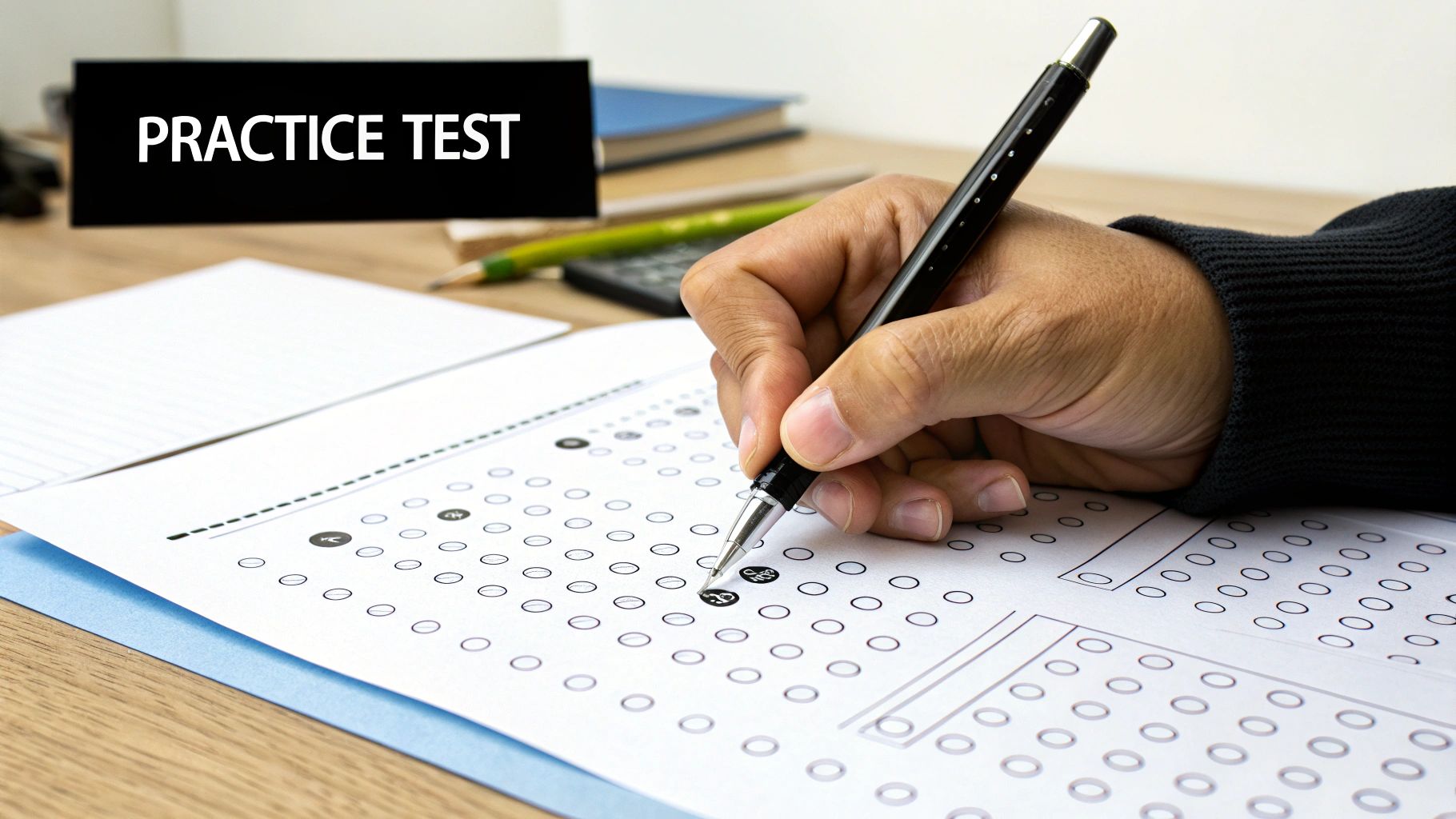 A person's hand holding a pen, marking answers on a practice test bubble sheet.