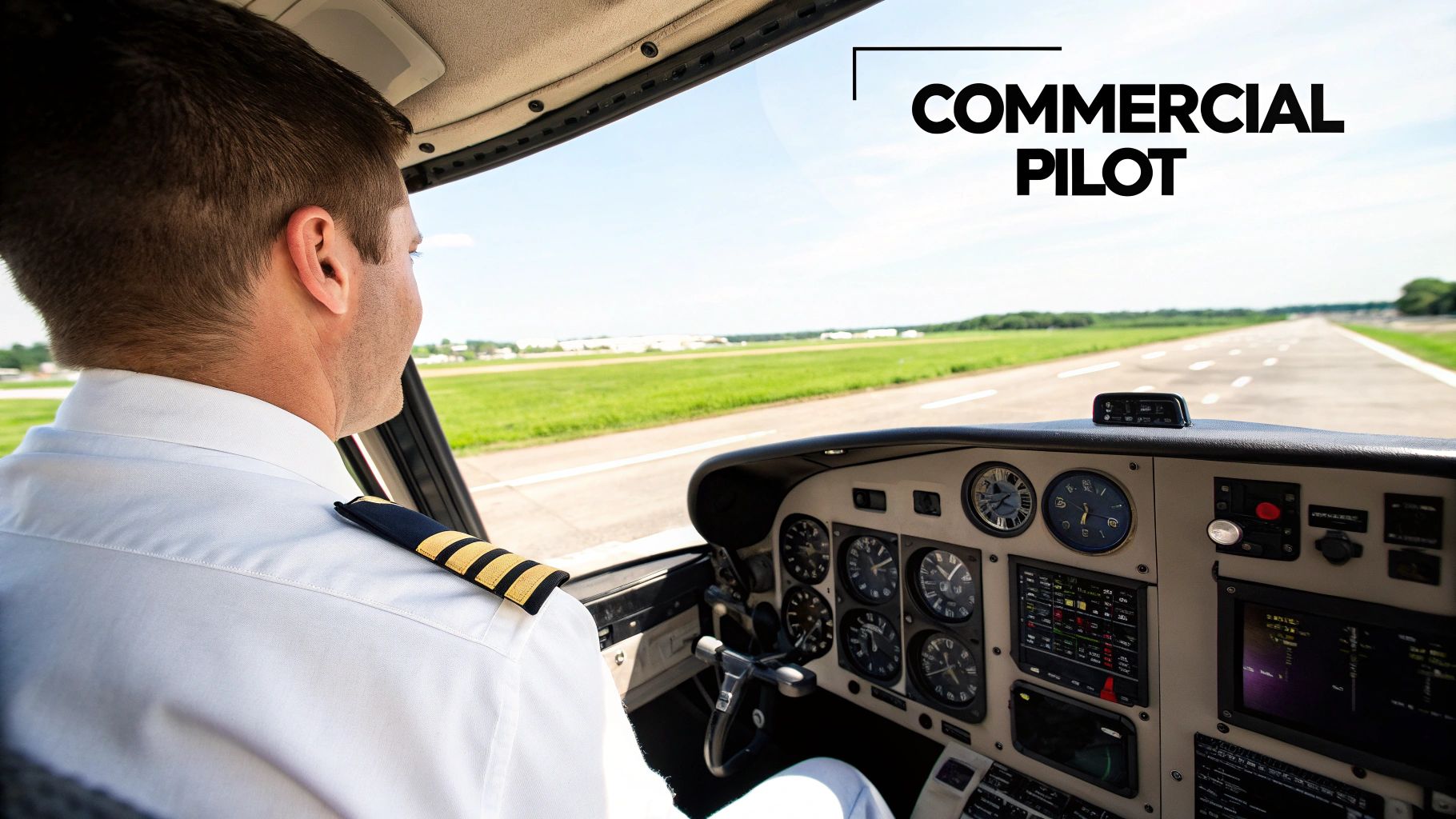 A commercial pilot, seen from behind, sits in an airplane cockpit looking out at a runway.