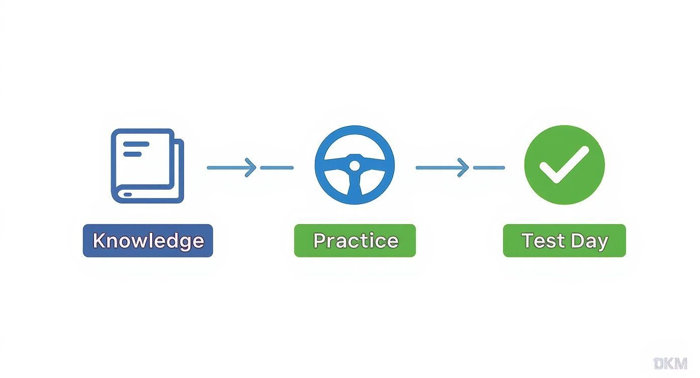 A visual process showing how to prepare for a driving test: Knowledge, Practice, then Test Day.