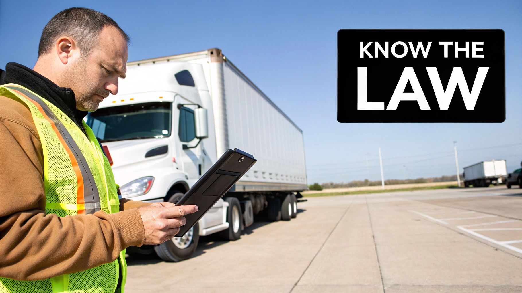 A law enforcement officer inspecting a commercial truck during a roadside check.