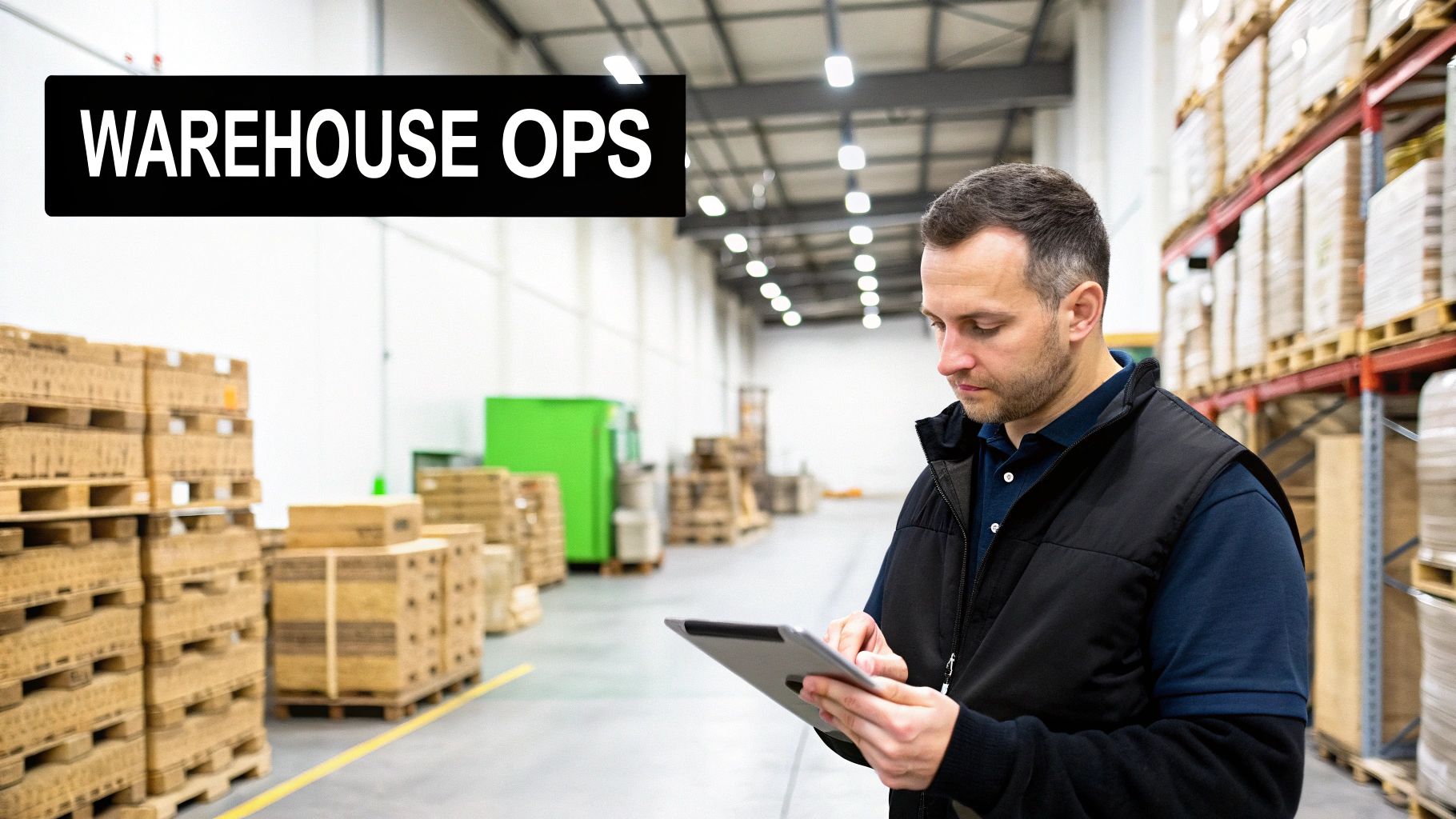 A man in a warehouse using a tablet, surrounded by stacked pallets and shelves of goods.