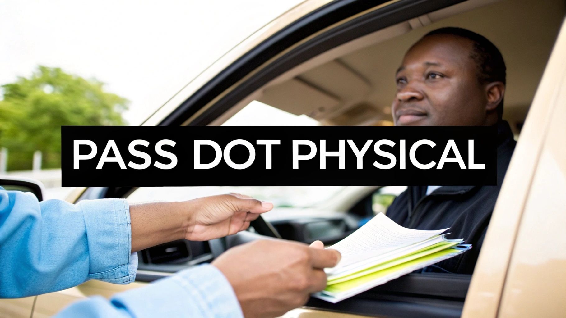 Two individuals exchanging documents through a car window, with 'PASS DOT PHYSICAL' text overlaid.