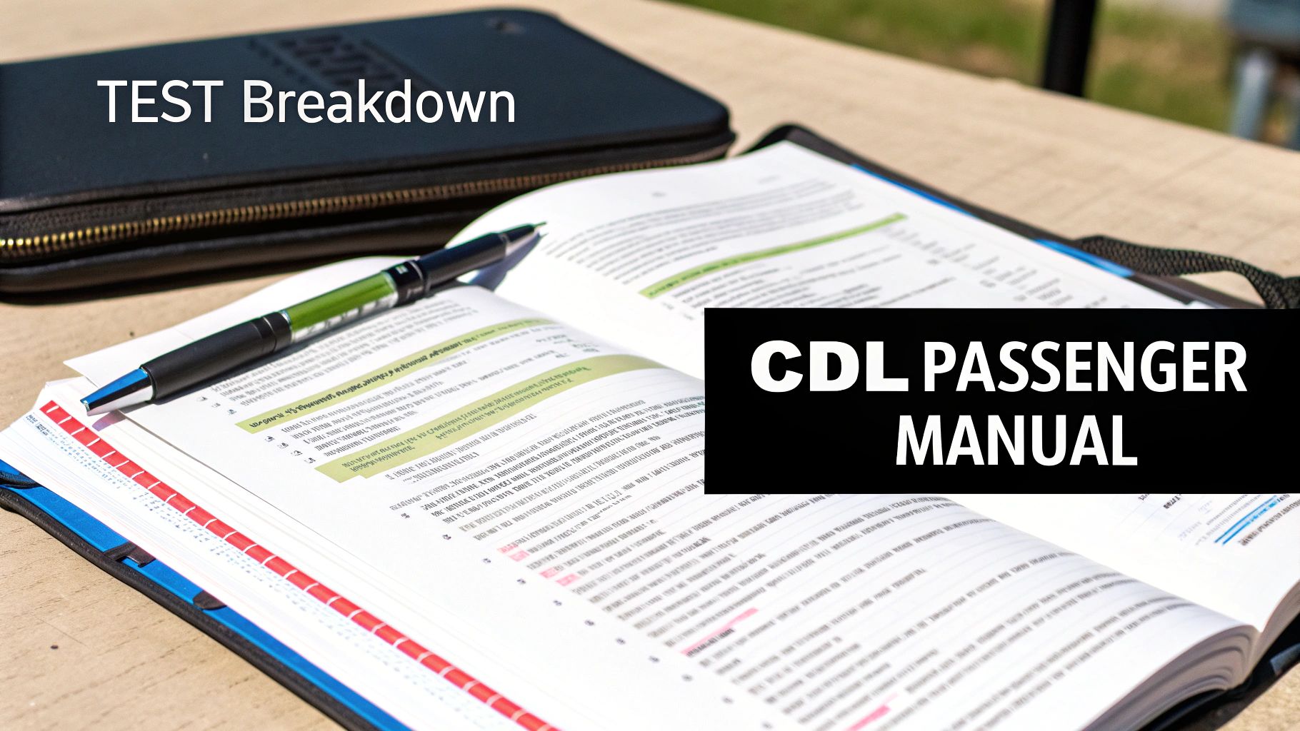 An open CDL Passenger Manual with a pen, next to a black folder, ready for studying.