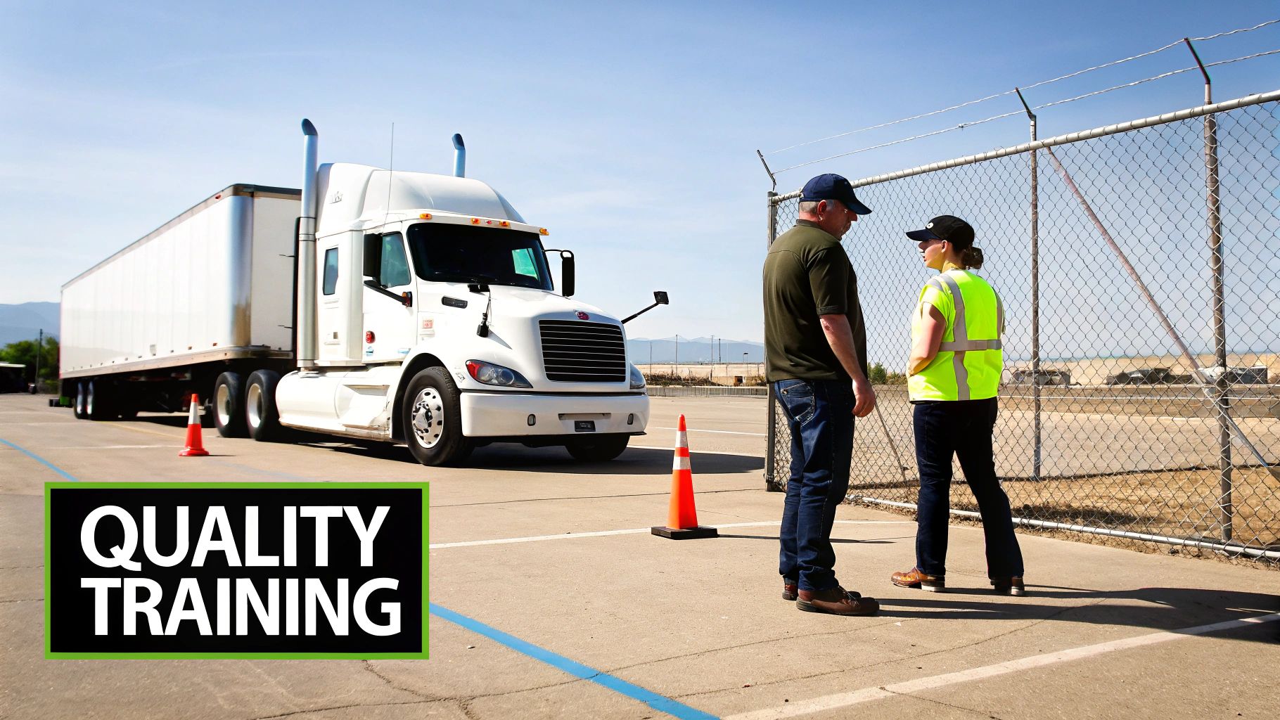 A truck driver instructor pointing out features inside the cab of a commercial truck to a student.