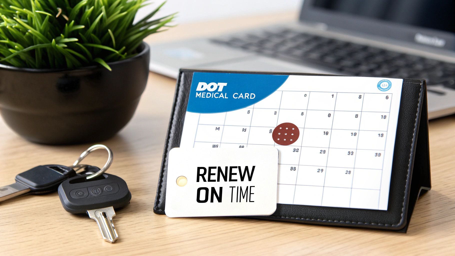 A desk with a DOT Medical Card calendar, car keys, and a reminder to renew on time.