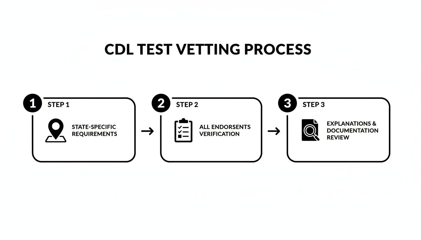 Infographic detailing the 3-step CDL test vetting process: state-specific requirements, endorsements verification, and documentation review.