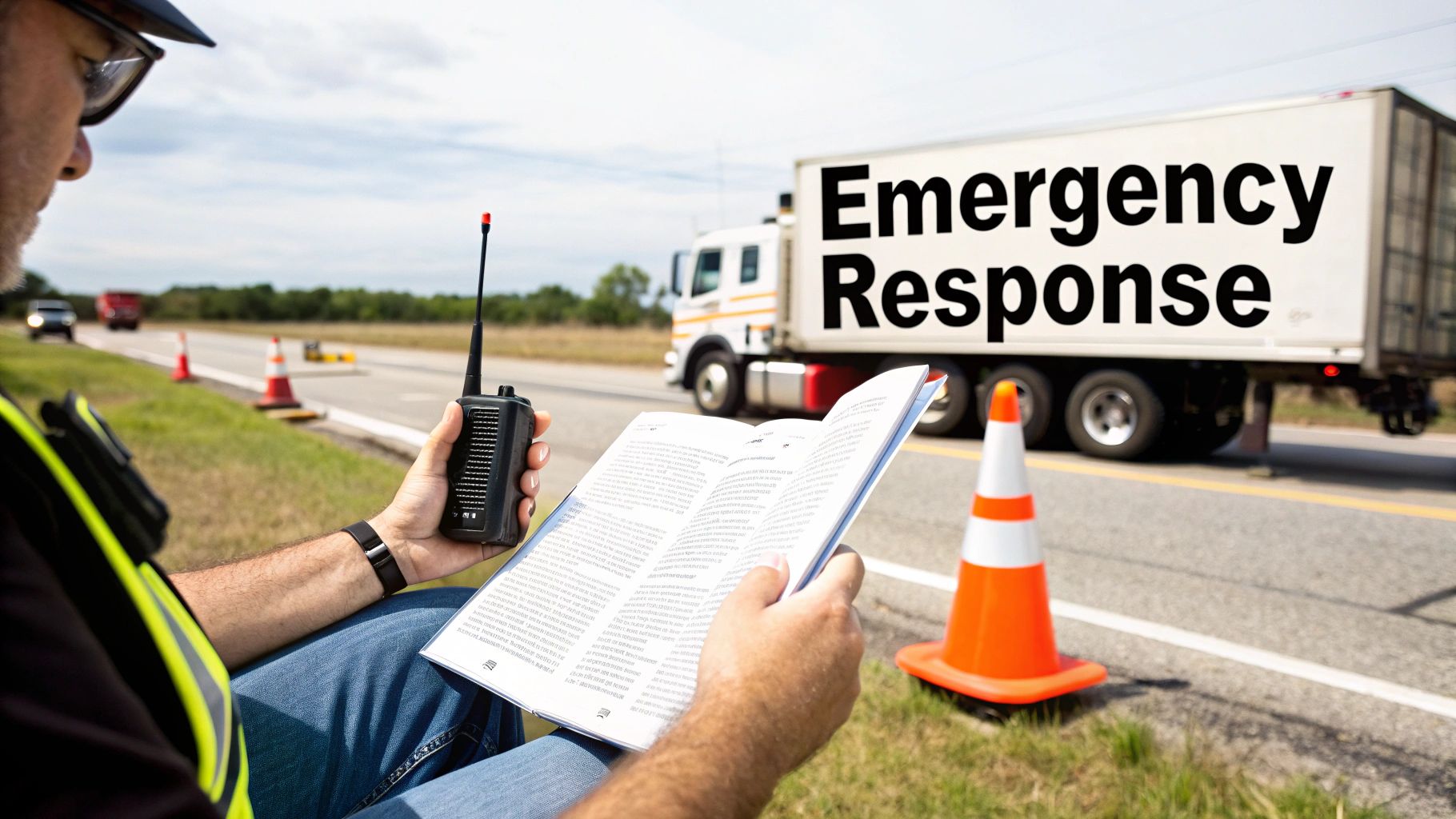 Emergency responder reads a guide and holds a walkie-talkie next to an emergency response truck.