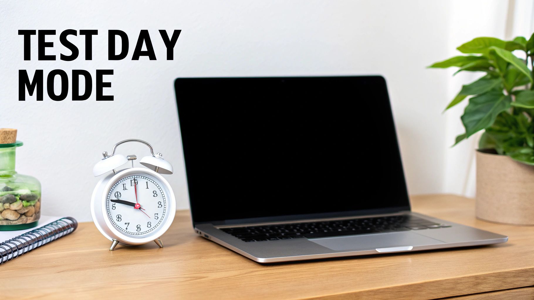 A desk with a laptop, alarm clock, notebook, and a plant, with 'TEST DAY MODE' text.
