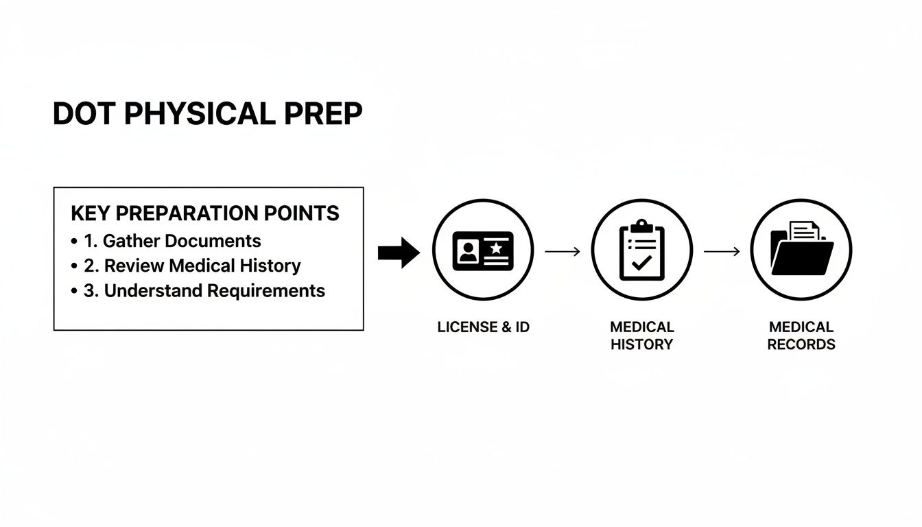 Flowchart illustrating DOT physical exam preparation steps: gather documents, review medical history, understand requirements.
