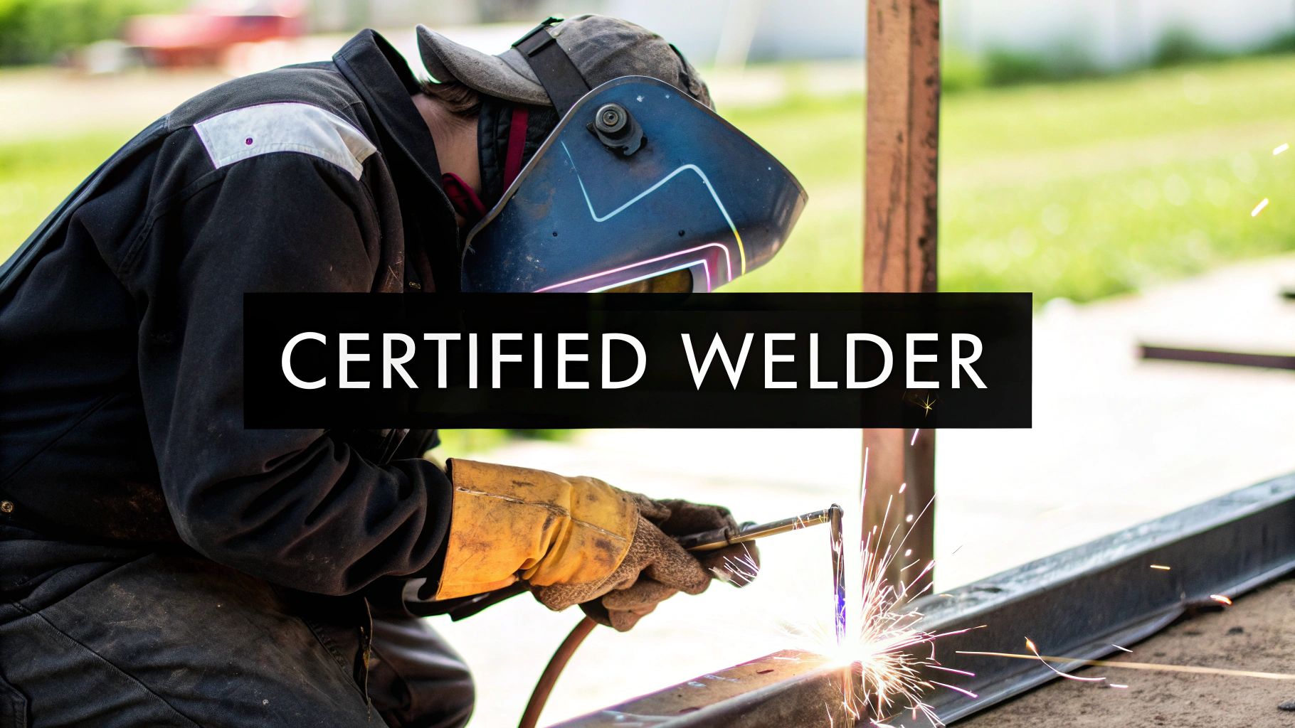 A certified welder in protective gear creating sparks while working on metal outdoors.