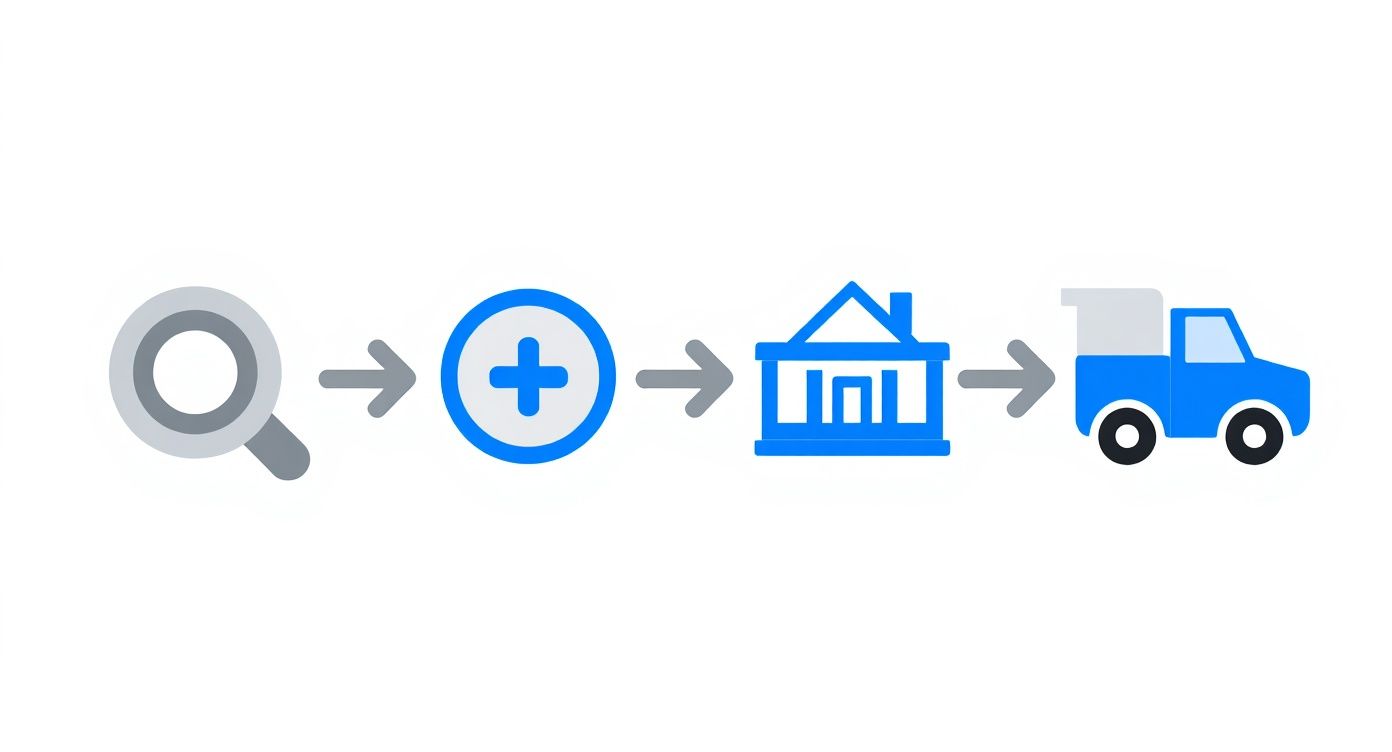 Process flow diagram showing search, add, medical facility building, and delivery truck icons representing DOT medical card acquisition steps