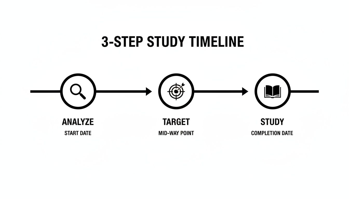 A 3-step study timeline showing Analyze, Target, and Study phases with corresponding icons and dates.