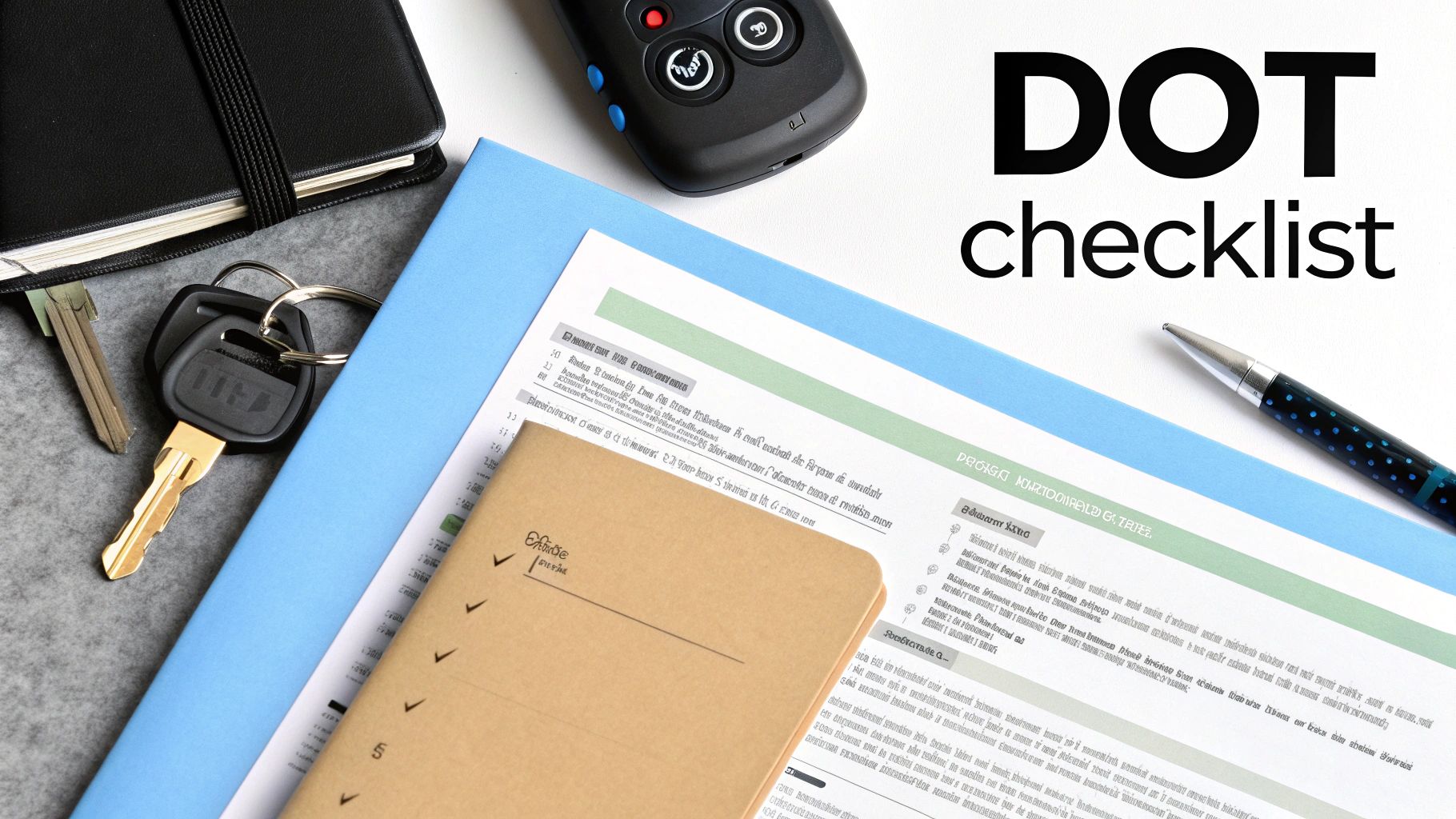 A flat lay shows car keys, notebooks, and a DOT checklist document for compliance.