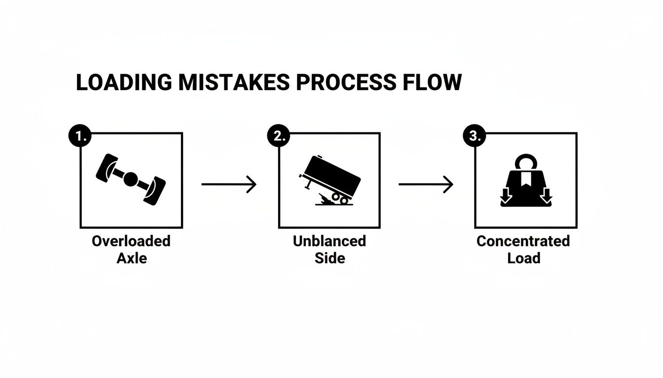 A process flow diagram illustrating three common loading mistakes: overloaded axle, unbalanced side, and concentrated load.