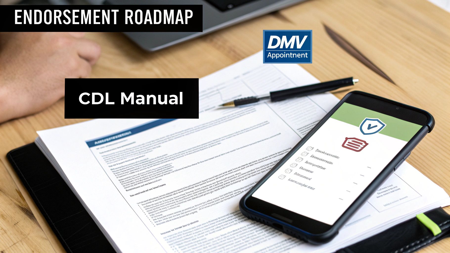 A desk with papers, a smartphone showing a DMV app, and text overlays 'ENDORSEMENT ROADMAP' and 'CDL Manual'.