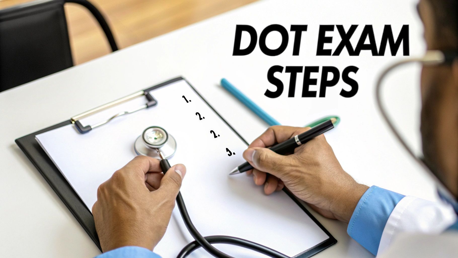 Medical professional writing DOT exam steps on clipboard with stethoscope for physical examination preparation