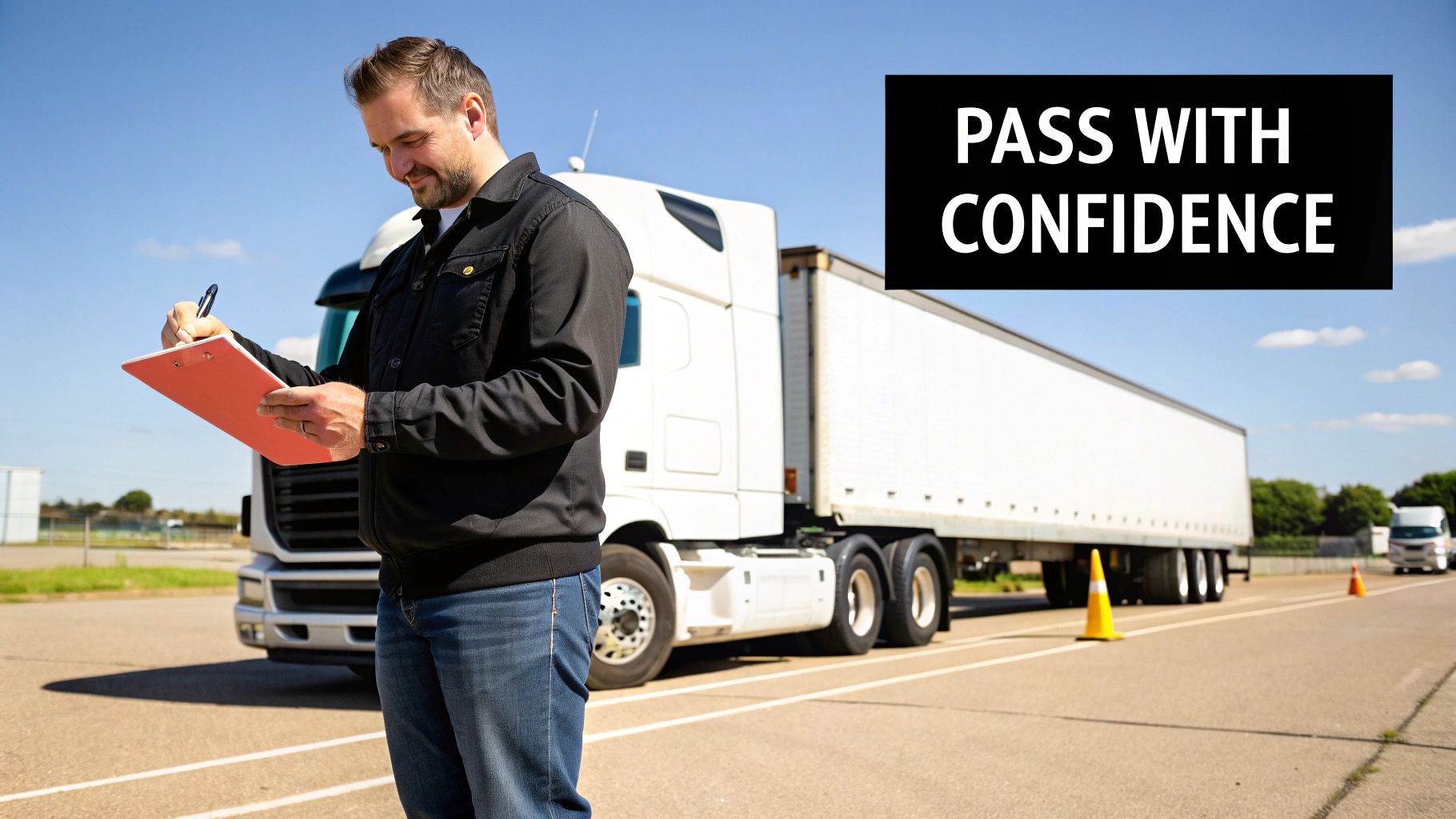Male student smiling while writing on clipboard during commercial truck driving test with semi-trailer