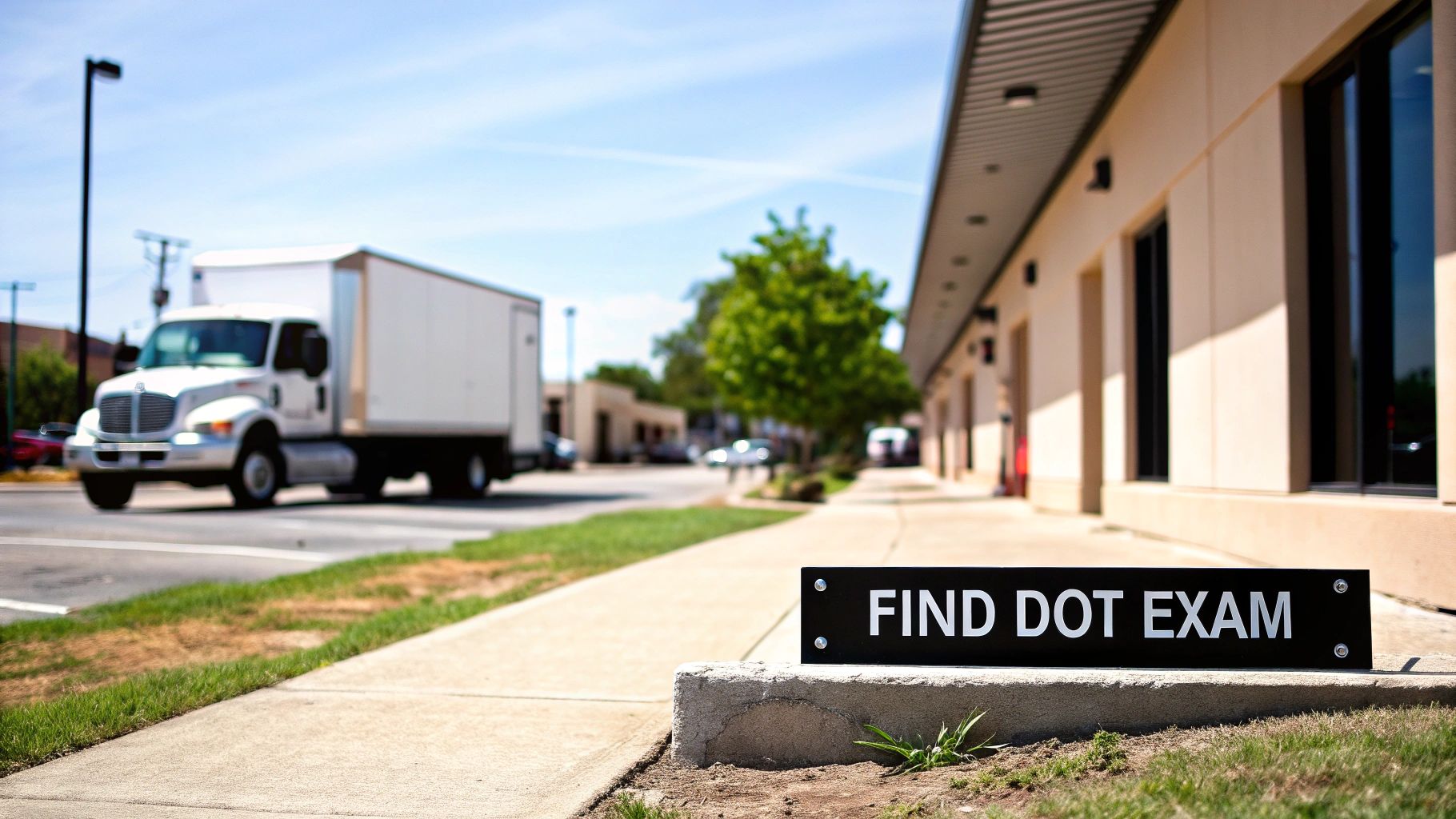 A black 'FIND DOT EXAM' sign sits on a concrete block next to a sidewalk with a white delivery truck in the background.
