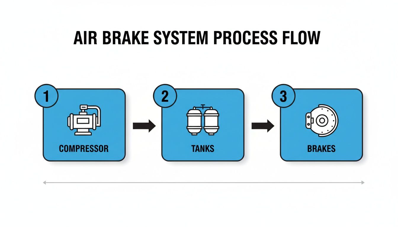 Diagram illustrating the three-step air brake system process flow: compressor, tanks, and brakes.