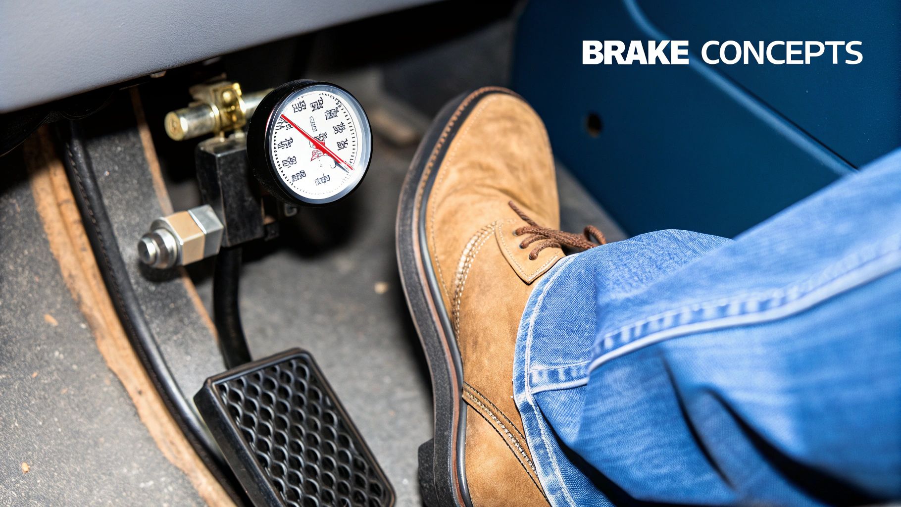 A commercial truck driver confidently looking over the steering wheel, focused on the road.