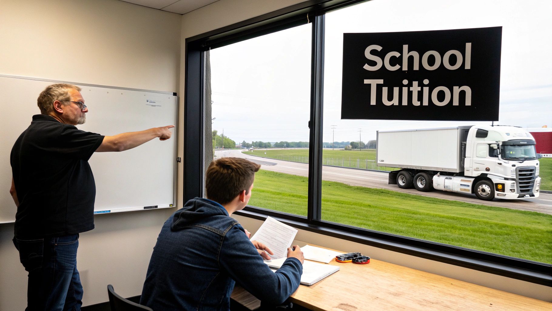 A student driver and instructor inside the cab of a commercial truck, focused on the road ahead.