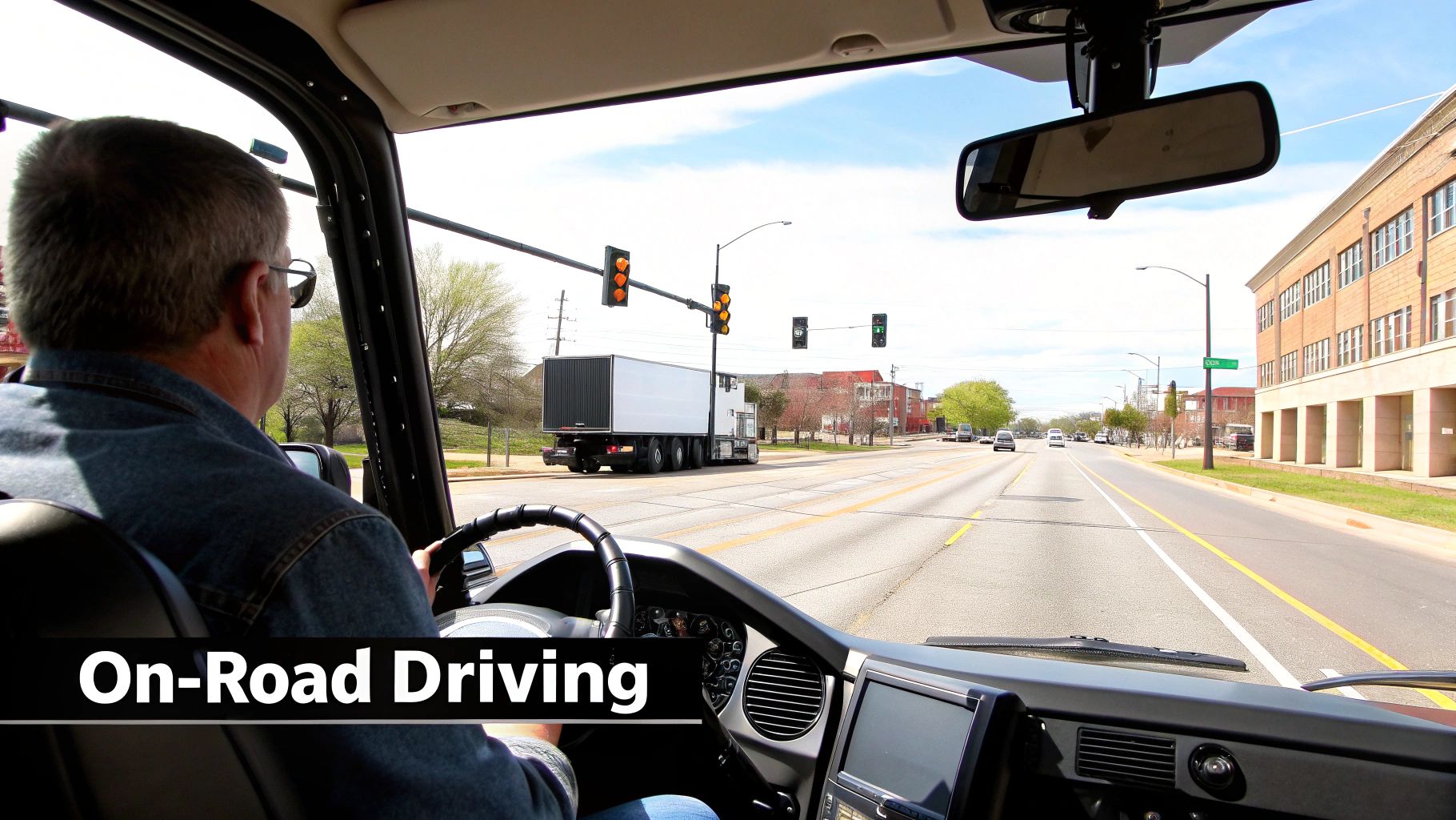 A person in a denim jacket drives a vehicle, looking at traffic lights and a large truck on a city road.
