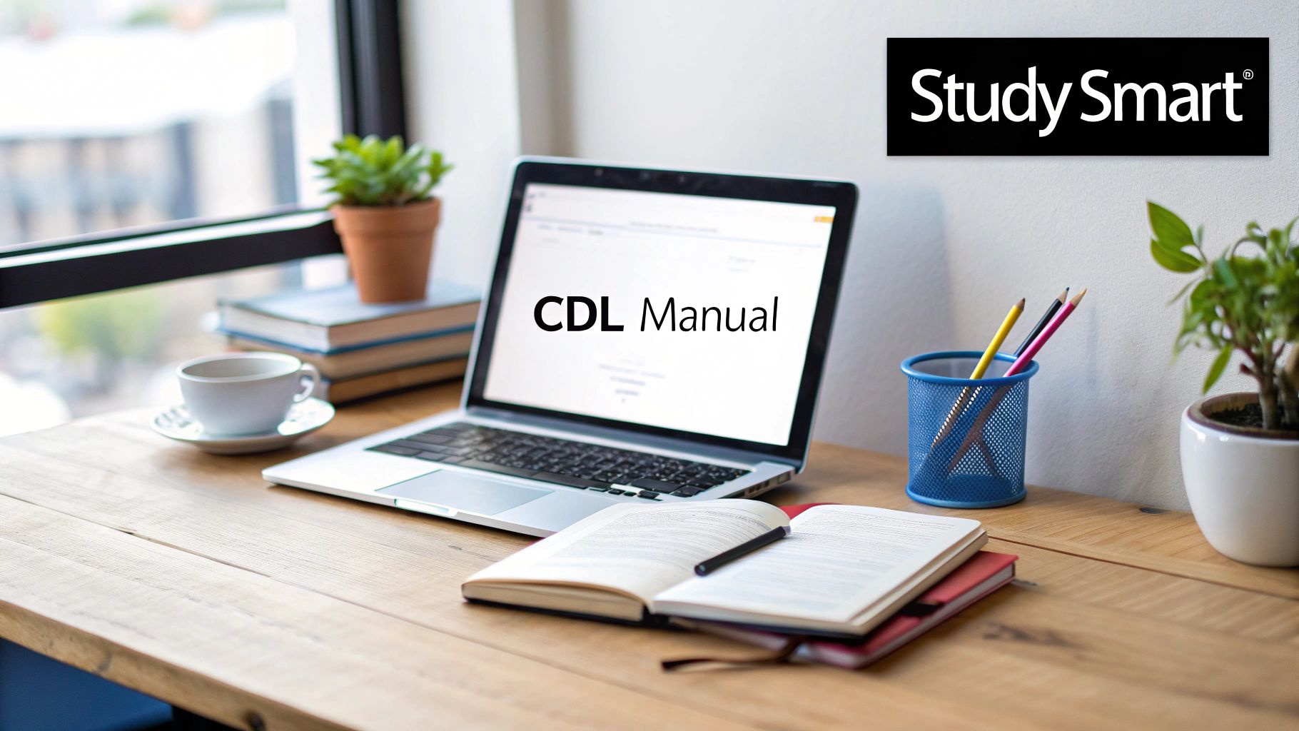 A person studying at a desk with a CDL manual, a notebook, and a laptop showing practice questions.