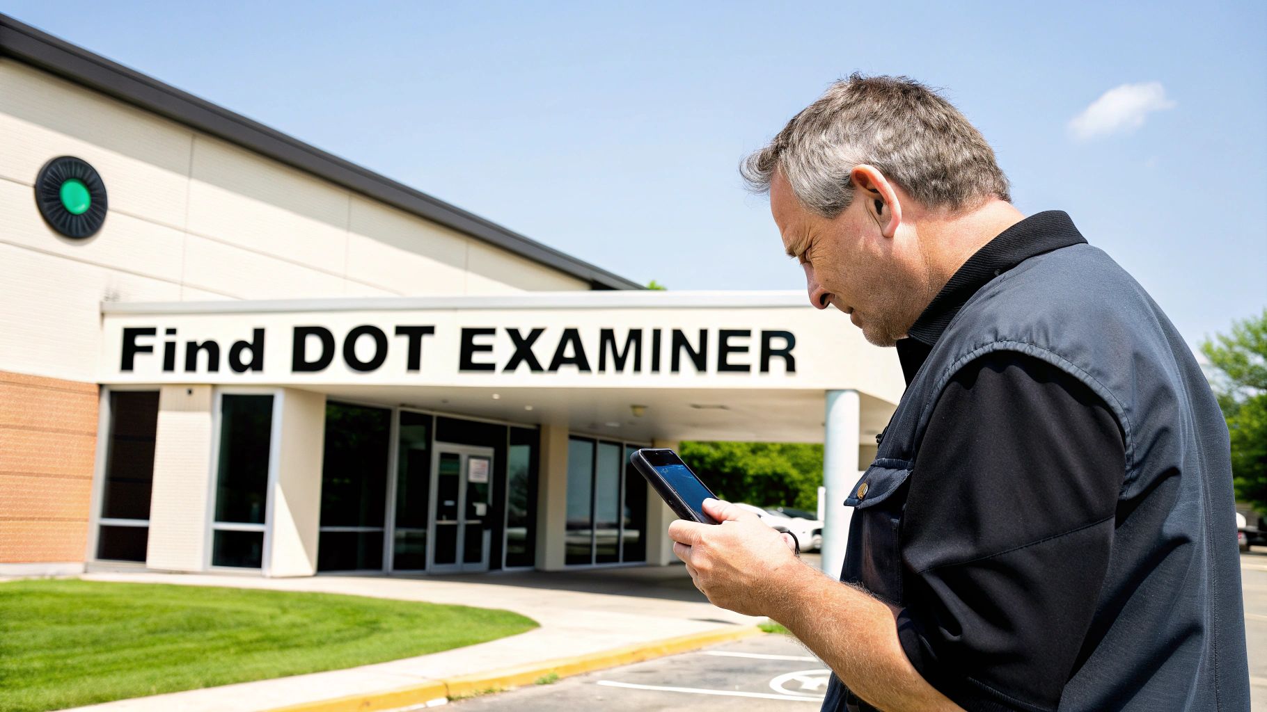 Man using smartphone to search for DOT examiner location outside medical testing facility