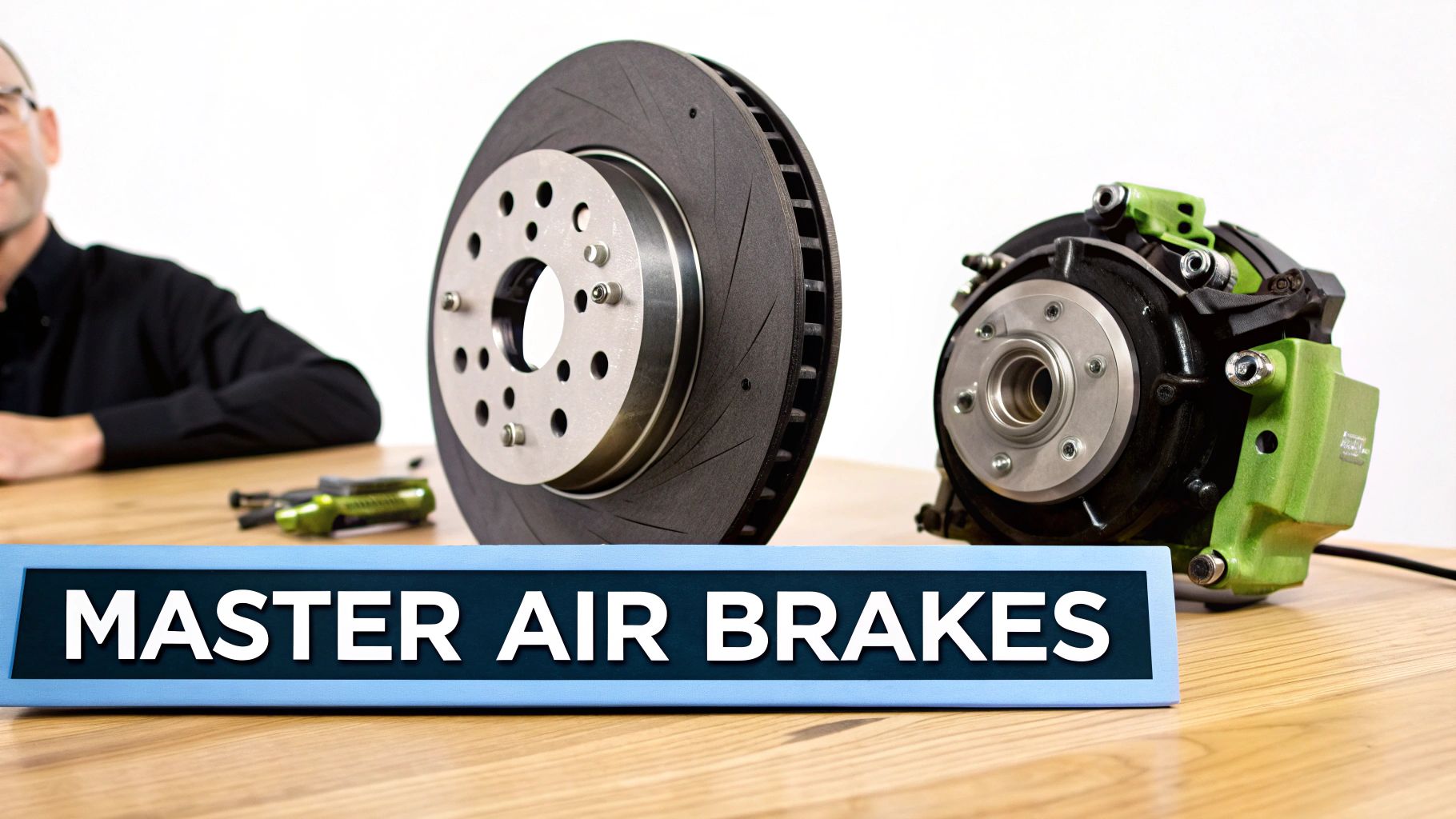 Close-up of automotive brake components, including a rotor and a caliper, with a sign reading 'MASTER AIR BRAKES'.