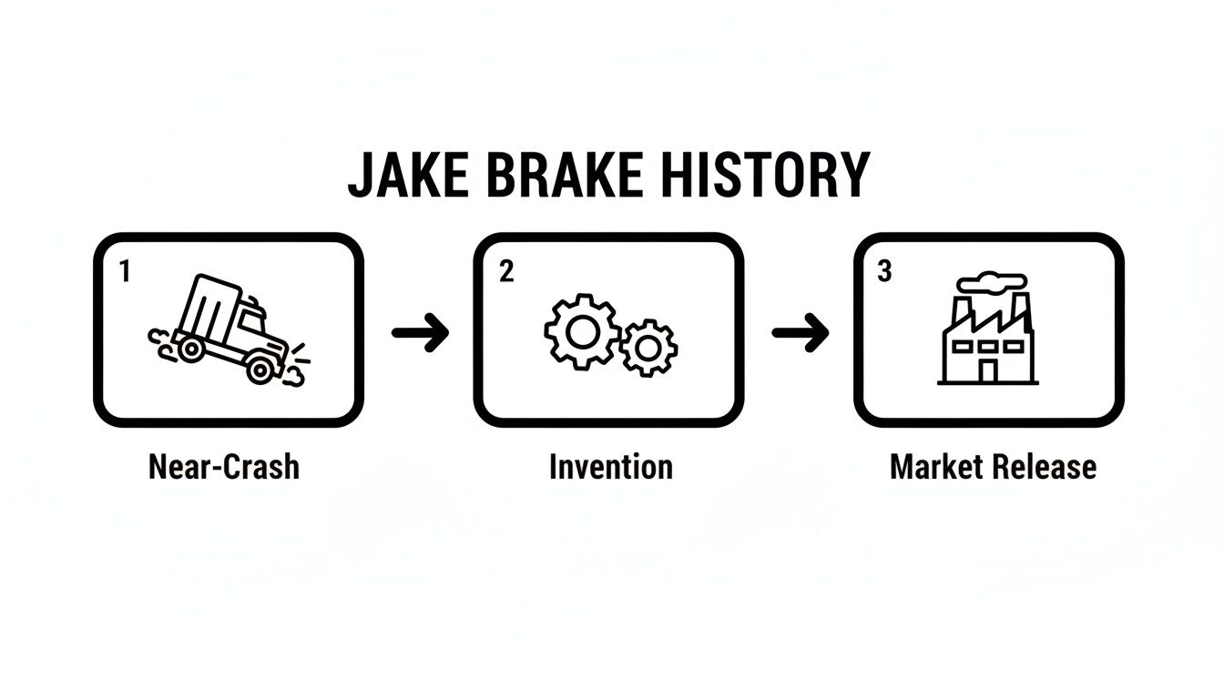 Diagram illustrating the history of the Jake Brake from a near-crash event to invention and market release.