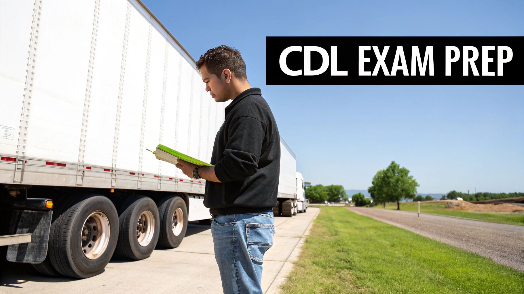 A man reviews documents beside a large white semi-trailer truck for CDL exam prep.