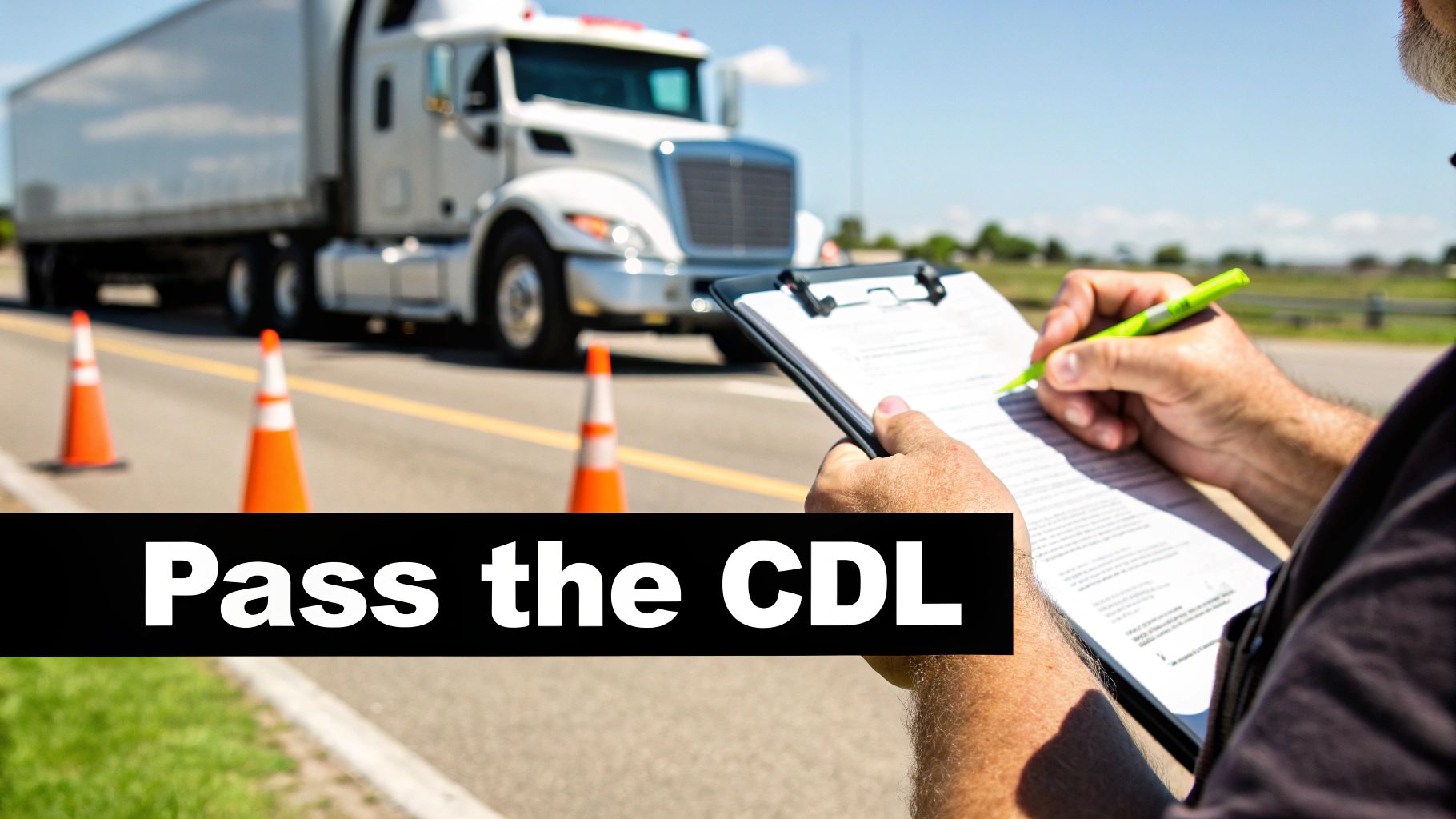 A person fills out a checklist on a clipboard for a white semi-truck during a CDL road test with orange cones.