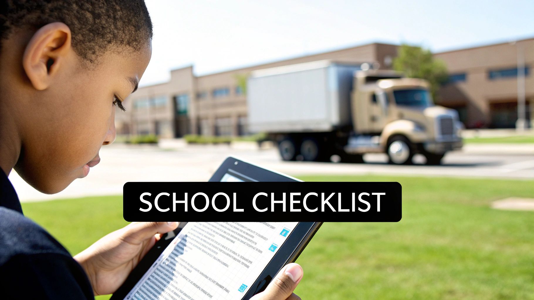 A CDL instructor points out features on a semi-truck's engine to an attentive student.