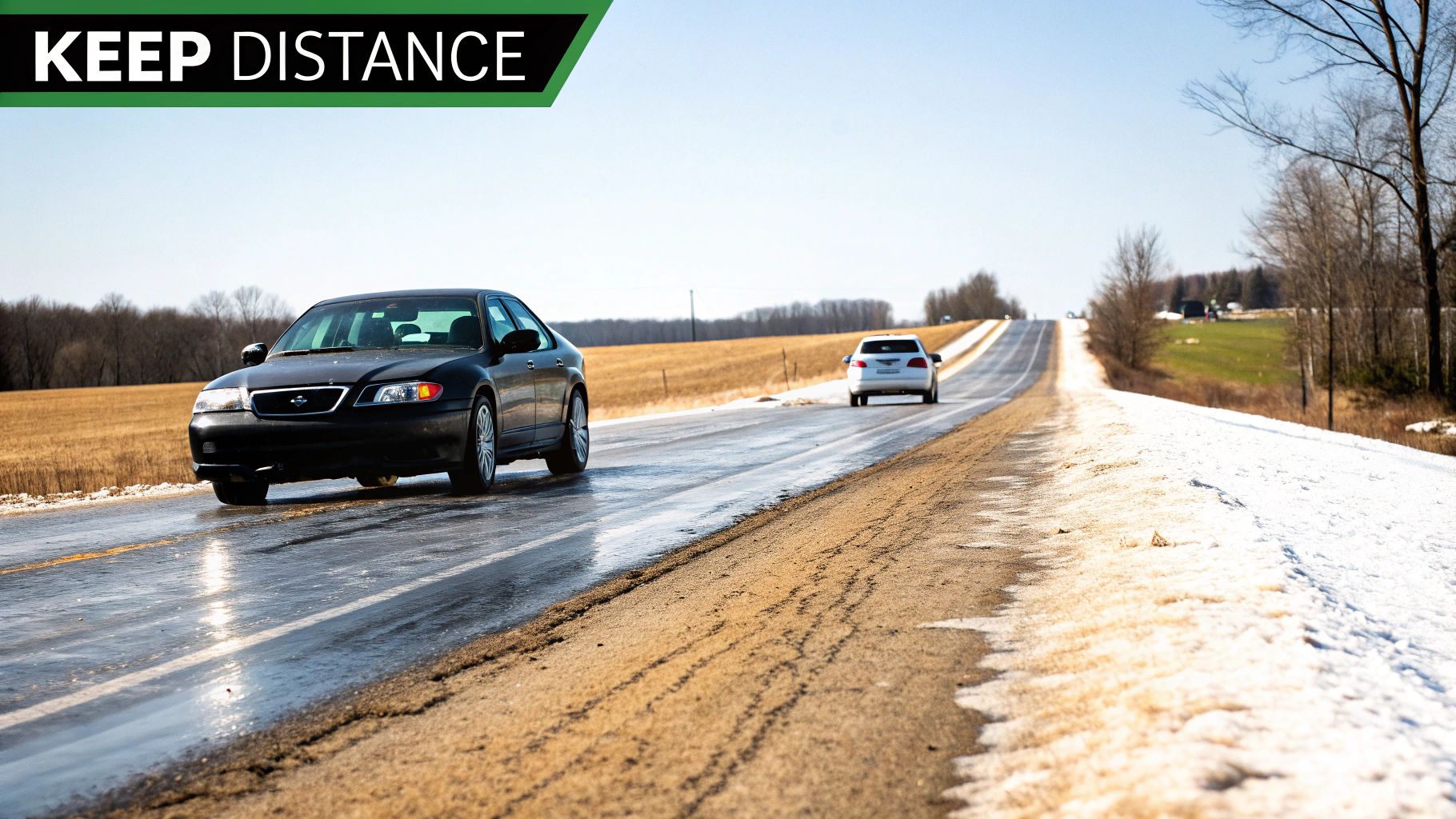 A truck driving on a snowy highway, demonstrating the need for increased following distance.